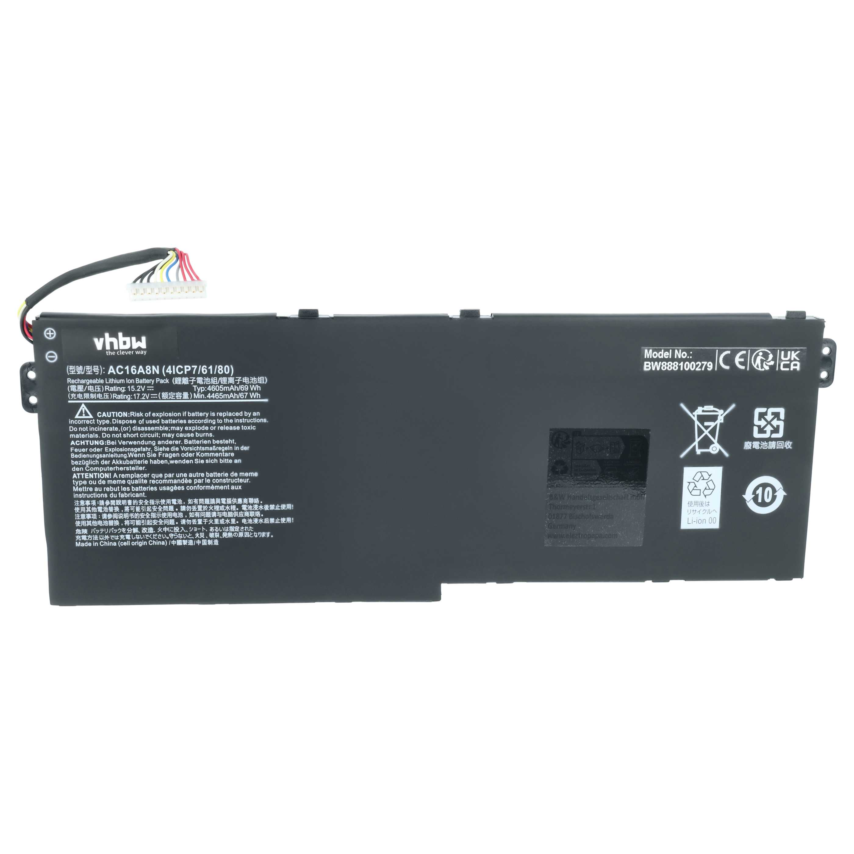 Schwarzer Laptop-Akku mit Kabel und Aufdrucken. Modell AC16A8N. Made in China.