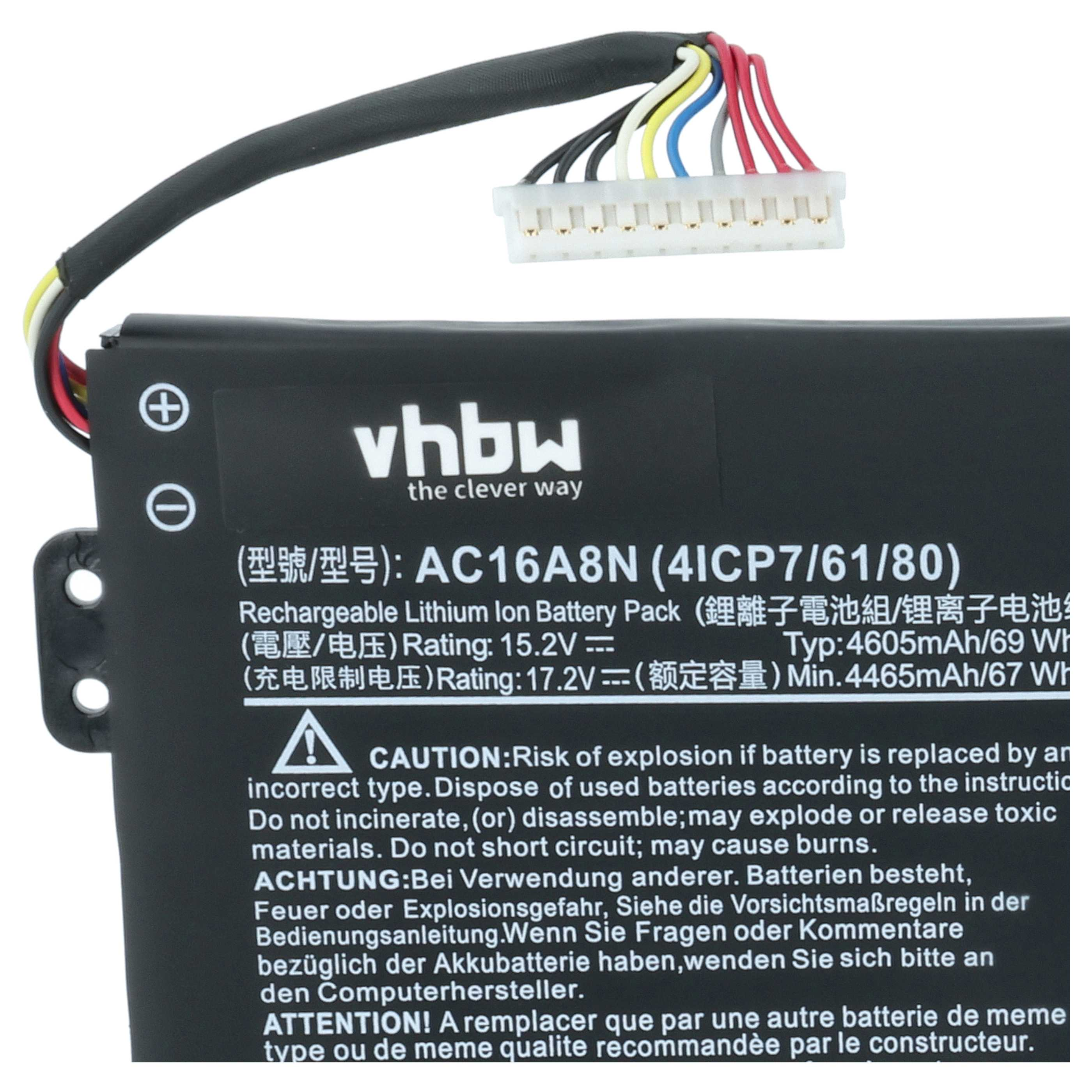 Schwarzer Akku mit Kabel und weißem Stecker. Beschriftung mit Modell AC16A8N.