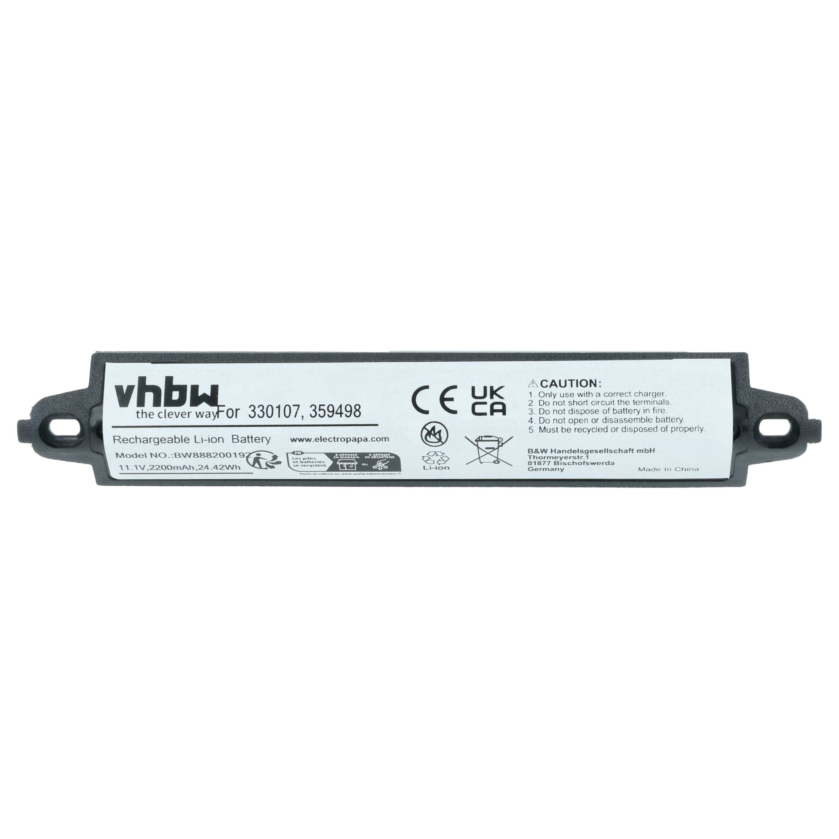 Ein schwarzer Lithium-Ionen-Akku mit Aufhängelöchern und Warnhinweisen.