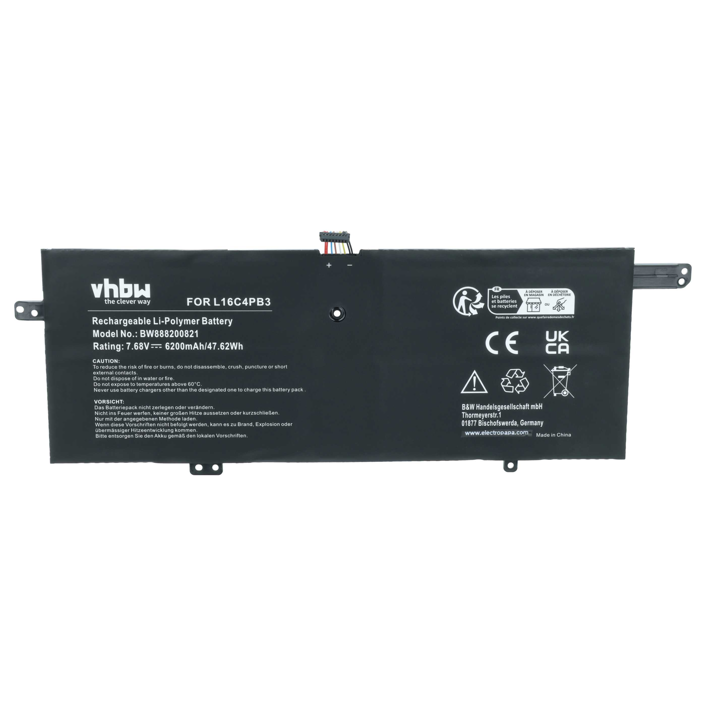Schwarzer Li-Polymer-Akku mit "vhbw" Logo, Modell BW888200821, 6200mAh.