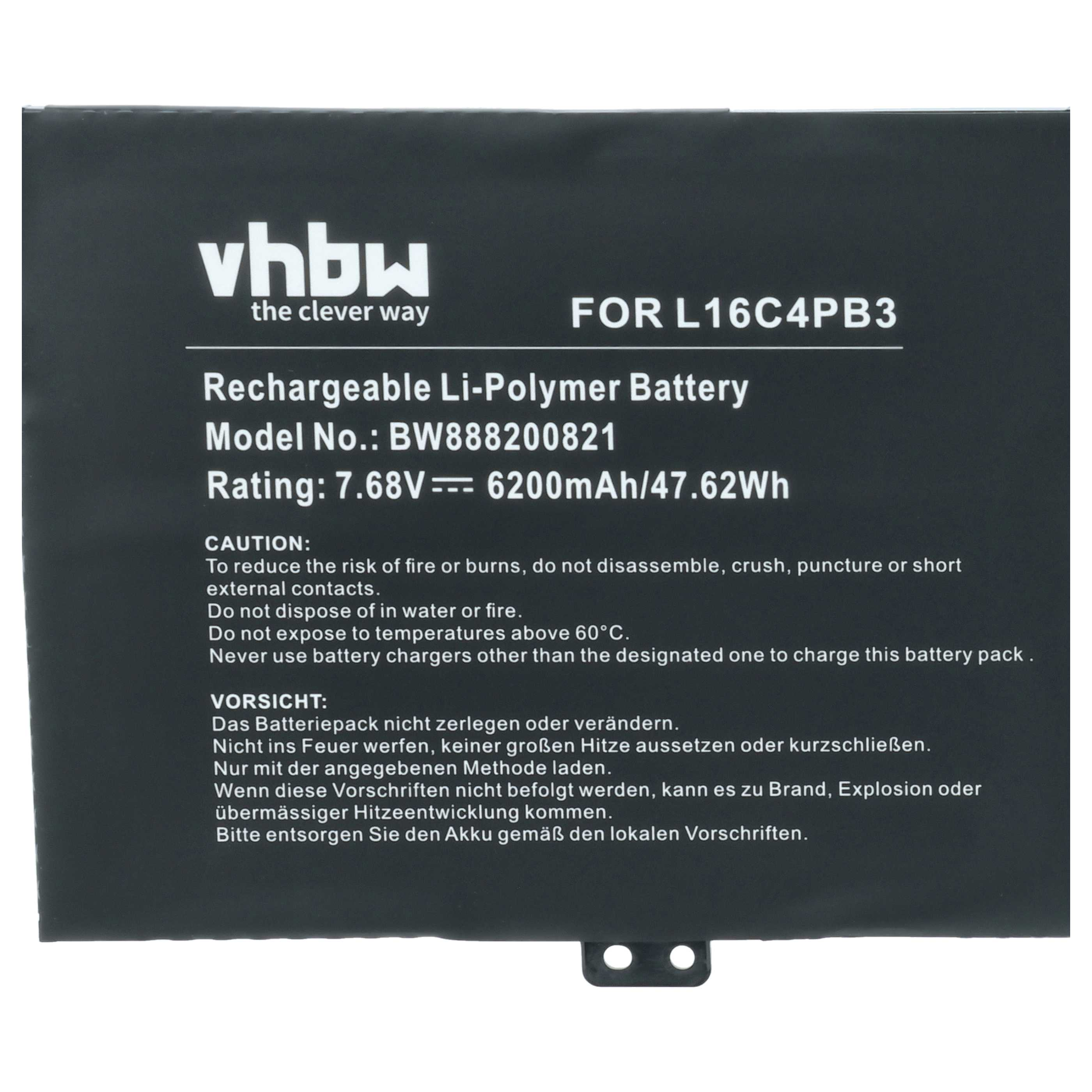 Schwarzer Akku mit weißen Texten: Marke vhbw, Modell L16C4PB3, 7.68V 6200mAh.