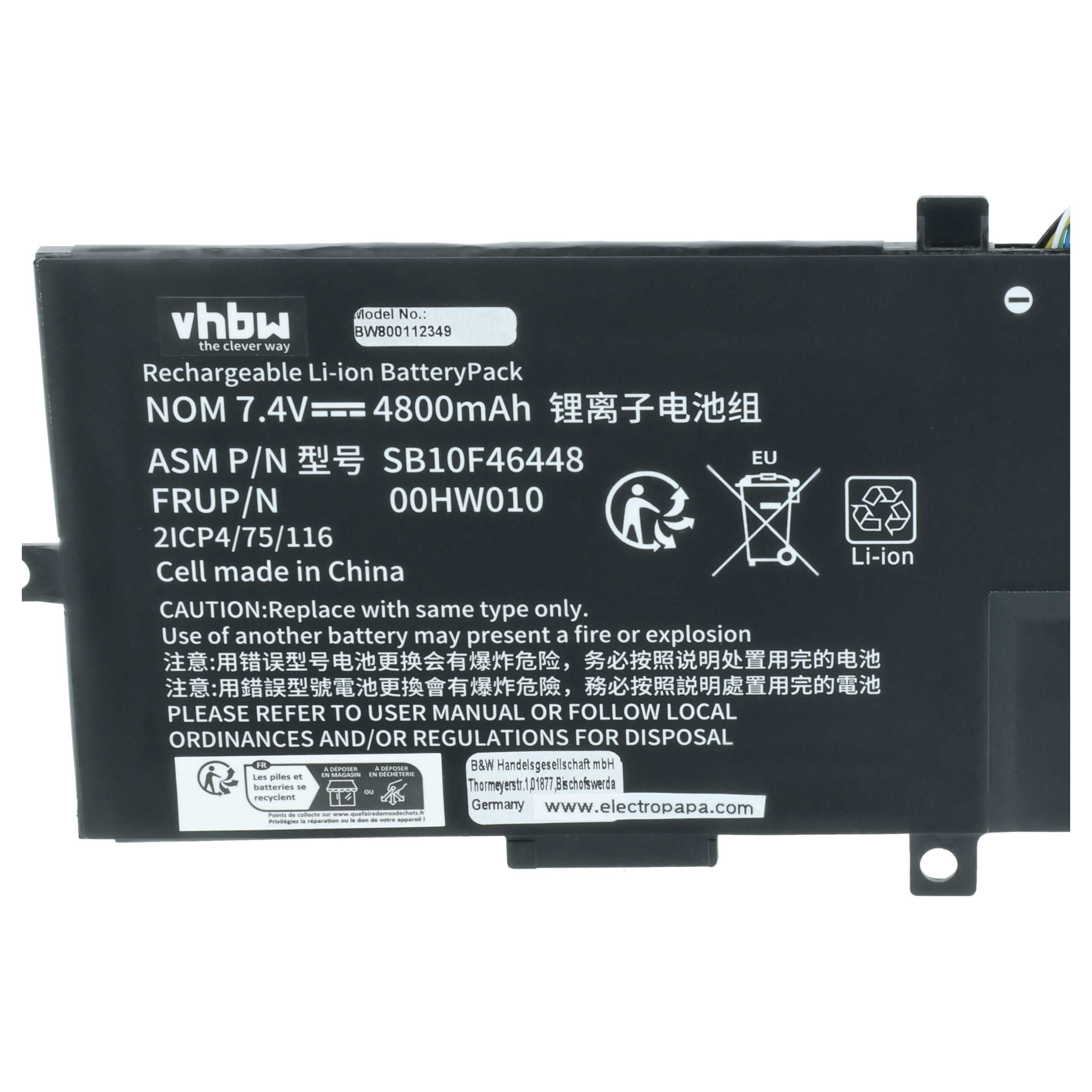 Schwarzer Akku mit Aufschriften: vhbw, Li-ion, 7.4V 4800mAh, Modellnummern.