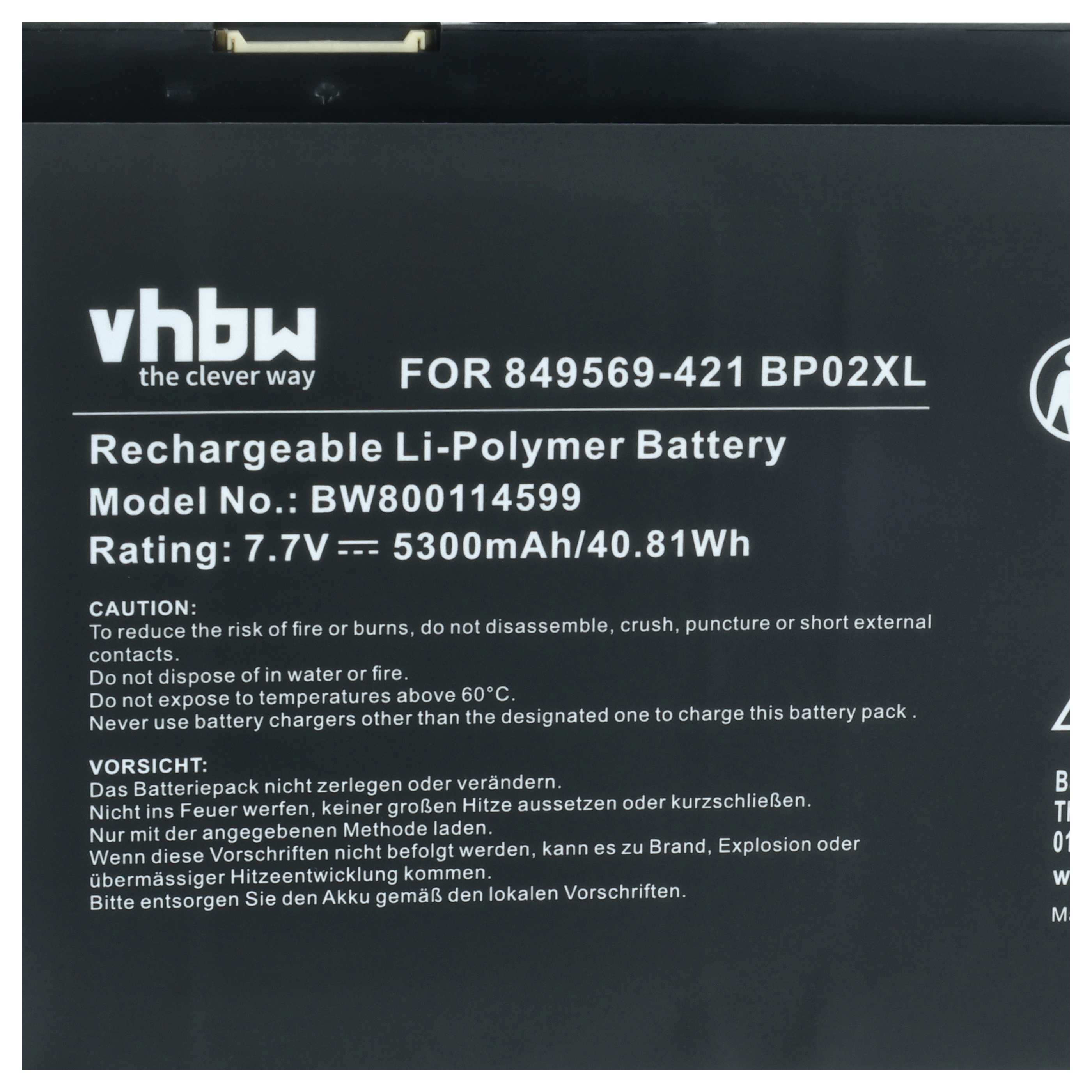 vhbw Akku BP02XL, 7.7V, 5300mAh/40.81Wh. Warnungen: Nicht zerlegen, Wasser/Feuer vermeiden.