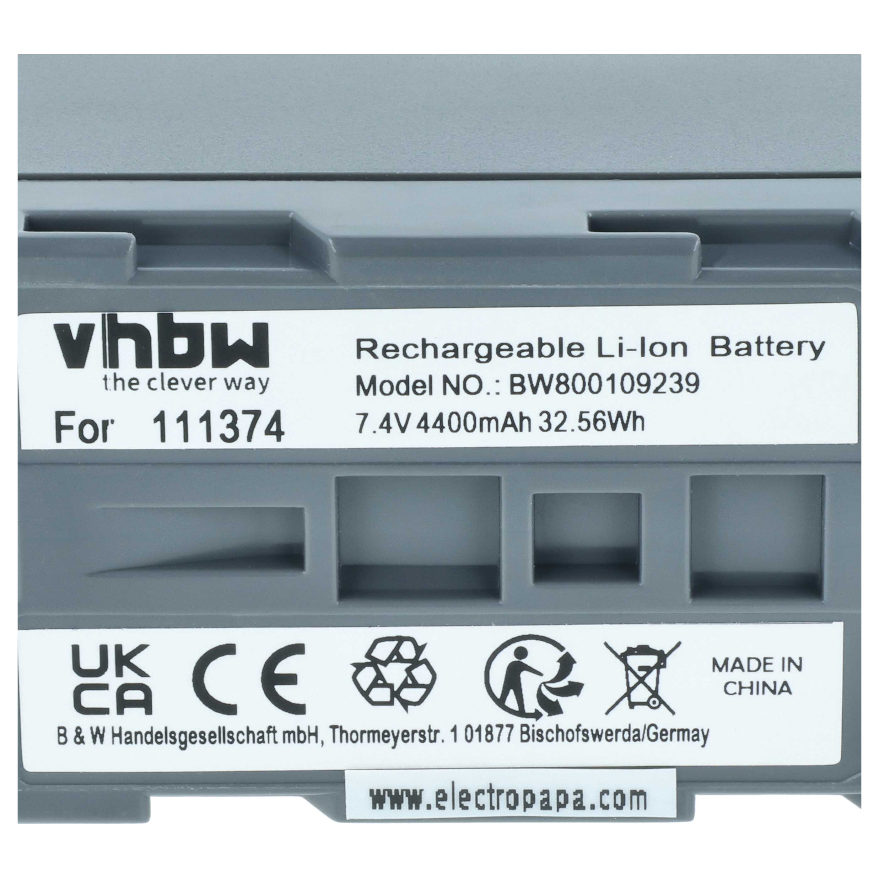Grauer Akku mit schwarzer Schrift: vhbw, Modell BW800109239, 7.4V 4400mAh.