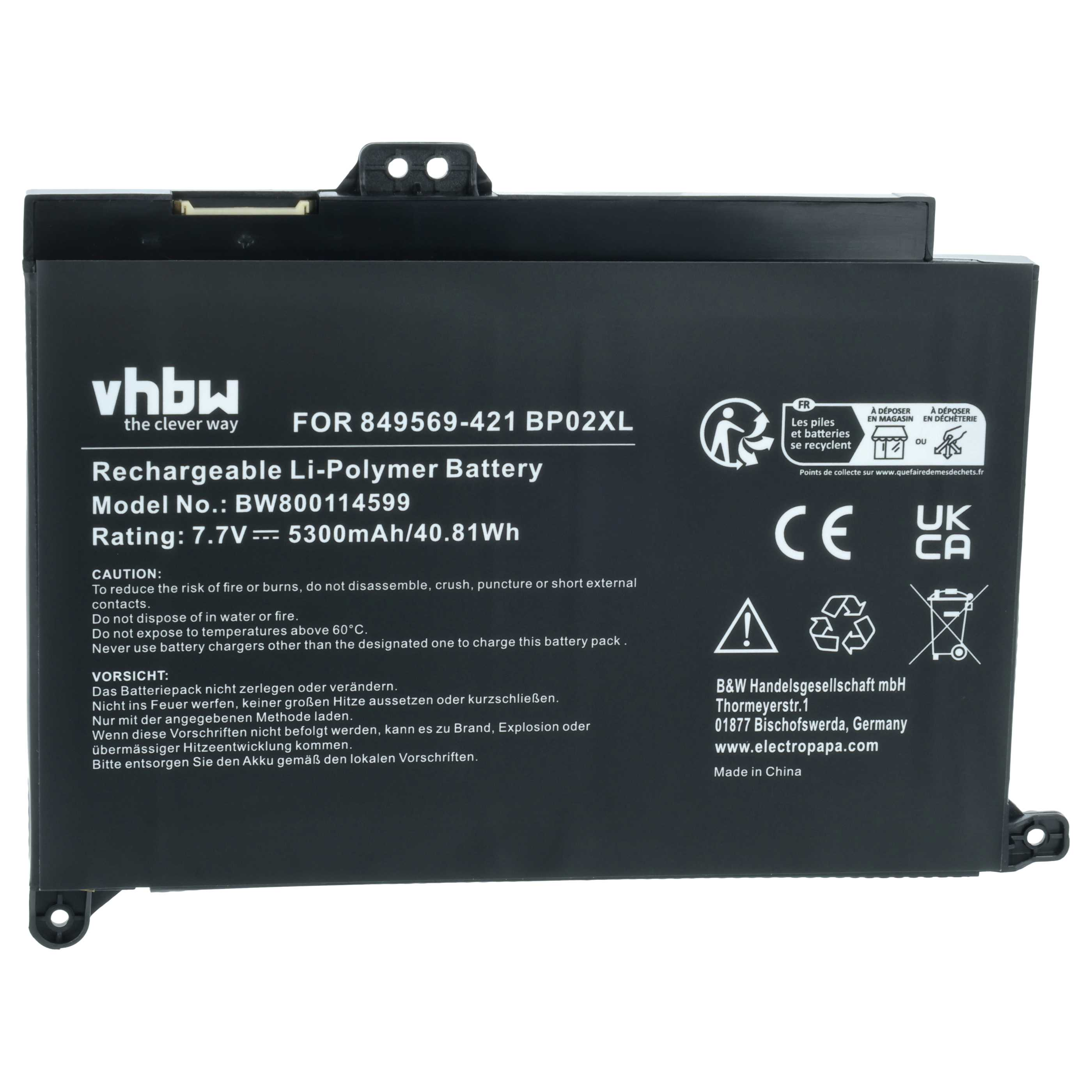 Schwarzer Li-Polymer Akku mit Aufschriften: vhbw, Modell BW800114599, 7.7V 5300mAh.
