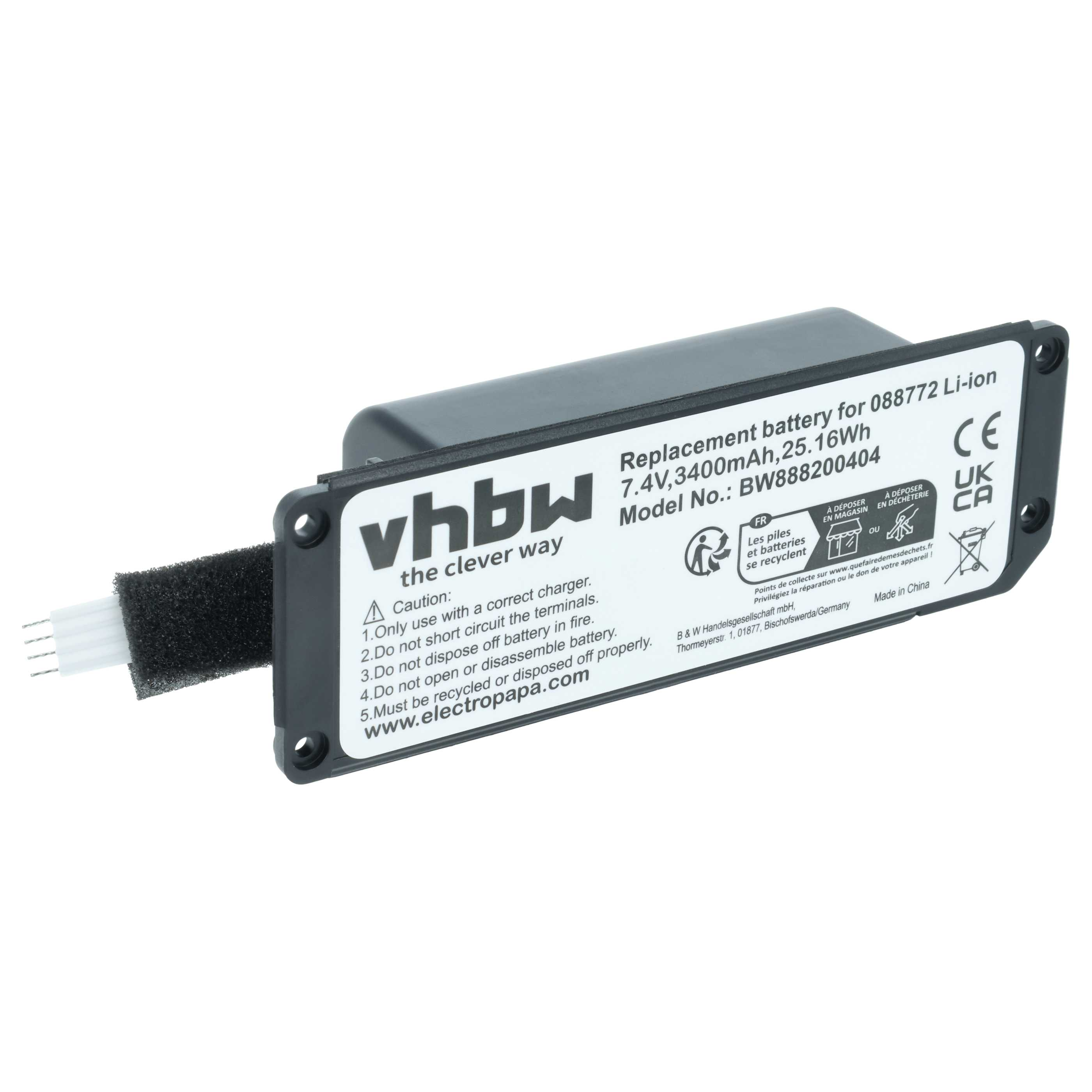 Grauer Li-Ionen-Akku mit Kabelanschluss, Modell 088772, 7.4V, 3400mAh.