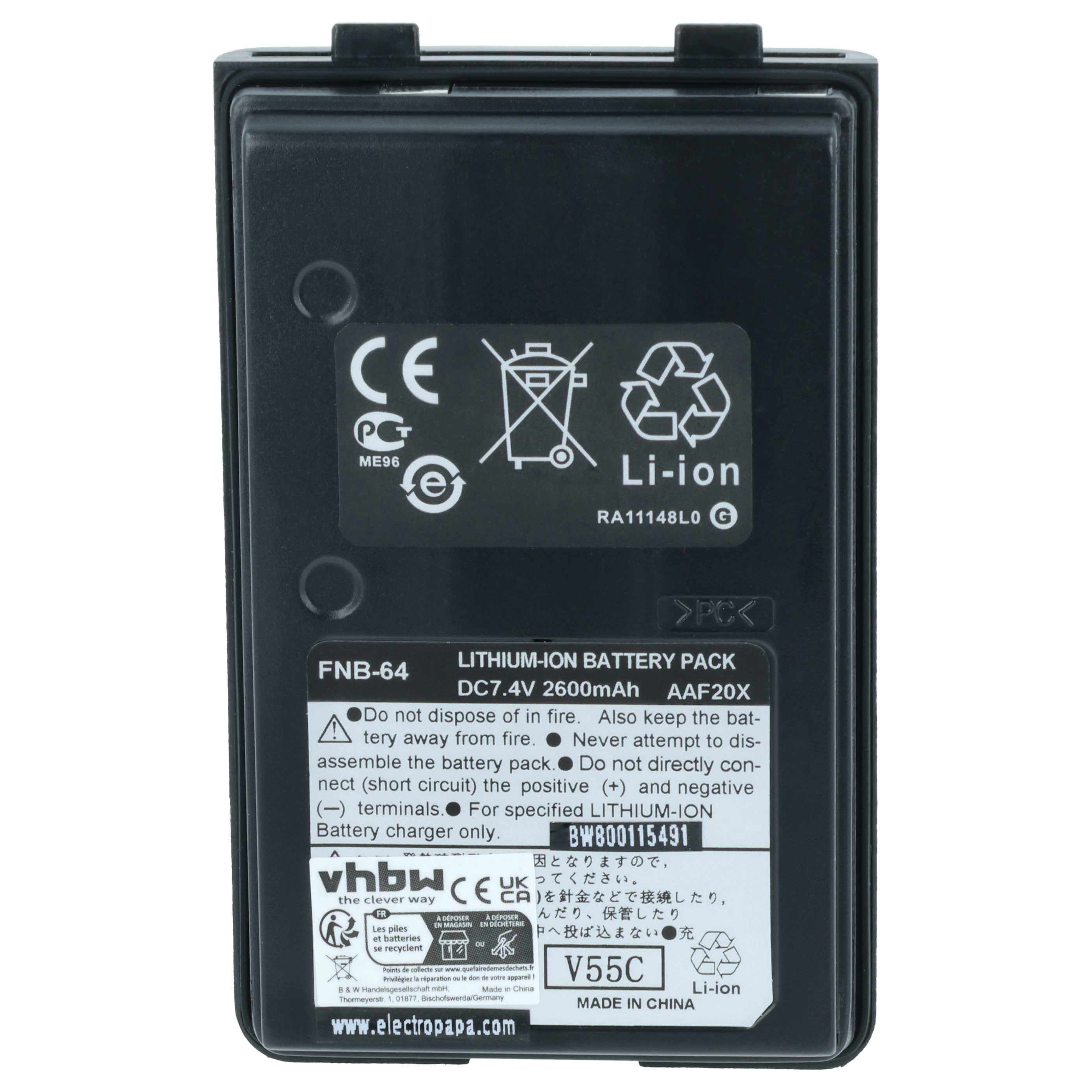 Schwarzer Lithium-Ionen-Akku FNB-64, 7,4V, 2600mAh, mit Warnsymbolen und Recycling-Zeichen.