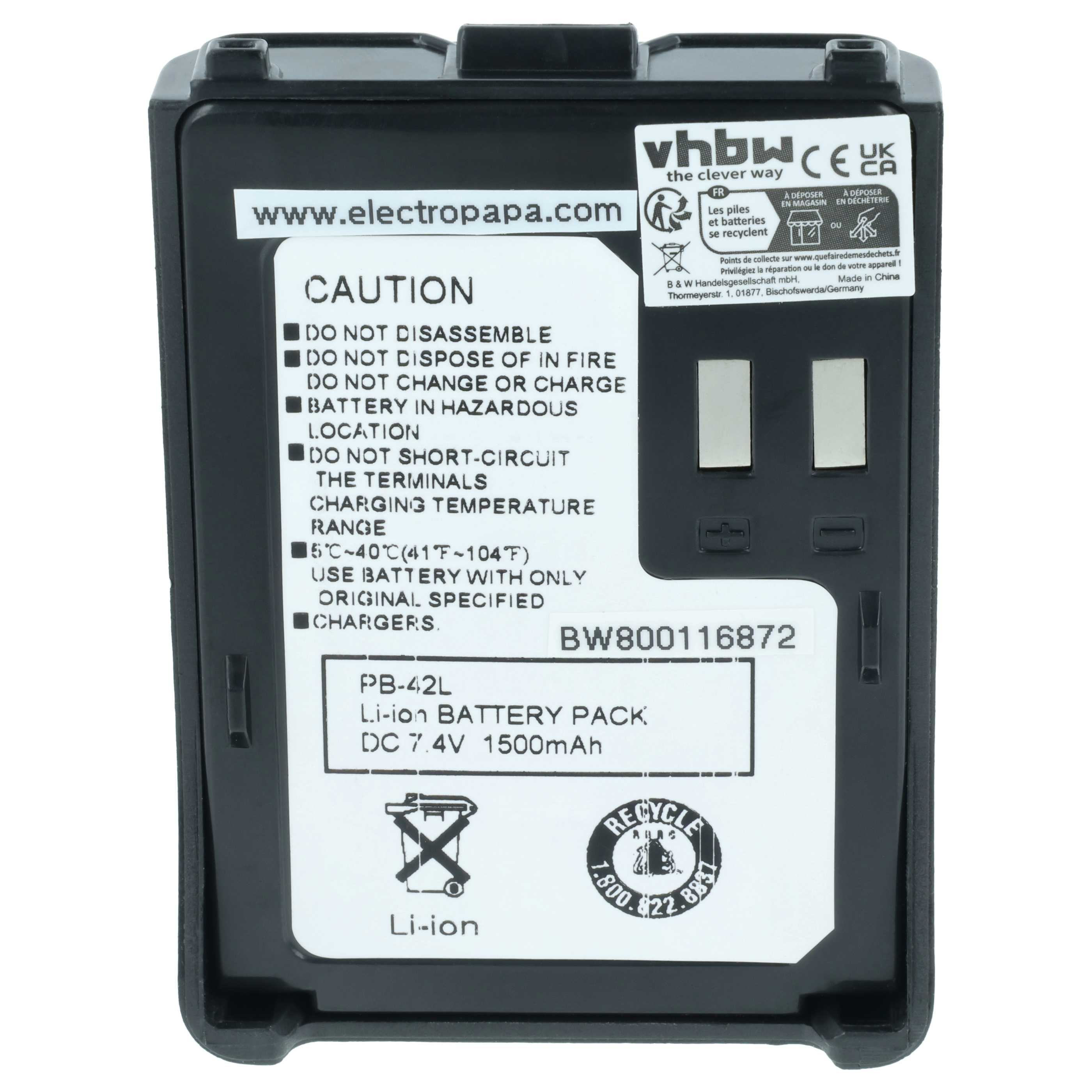Schwarzer Li-Ion Akku PB-42L 7.4V 1500mAh mit Warnhinweisen und Recycling-Symbolen.