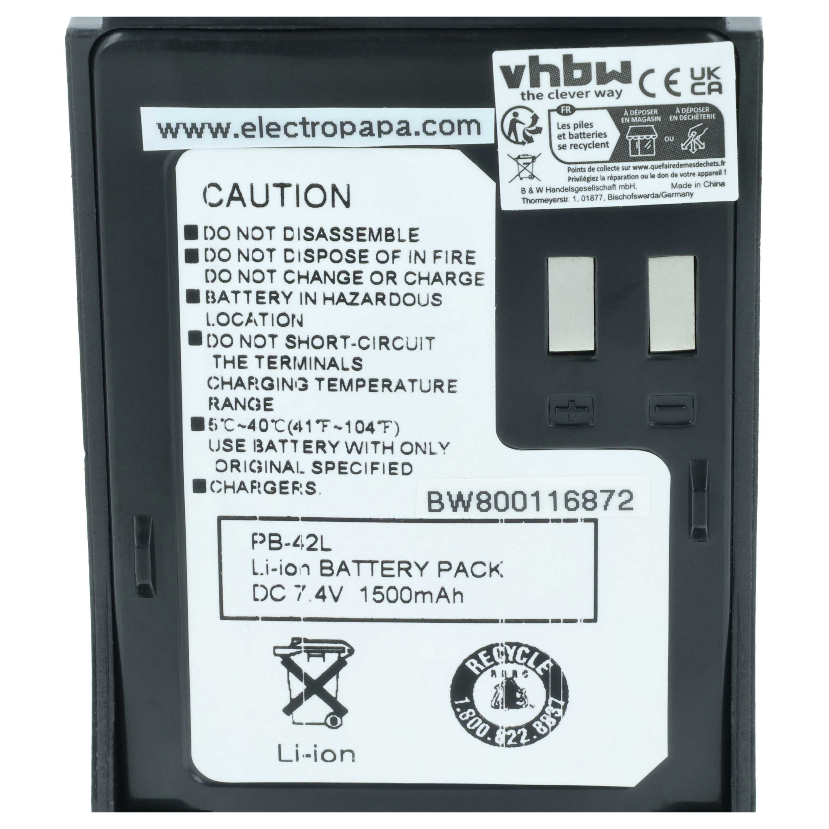 Schwarzer Li-Ion Akku mit Warnhinweisen und technischen Daten. VhbW Logo.