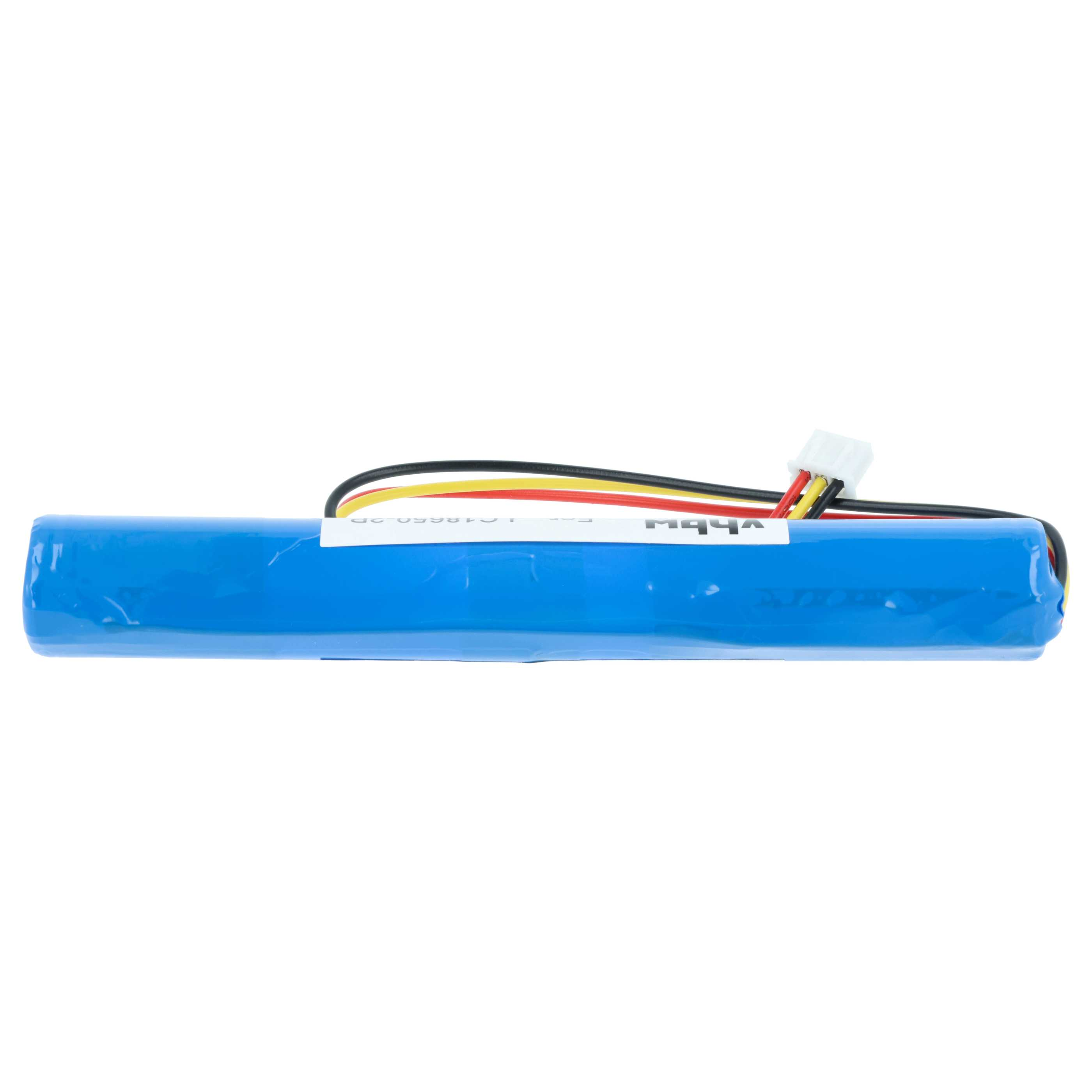 Eine blaue Zylinderbatterie mit Kabeln und einem weißen Stecker.