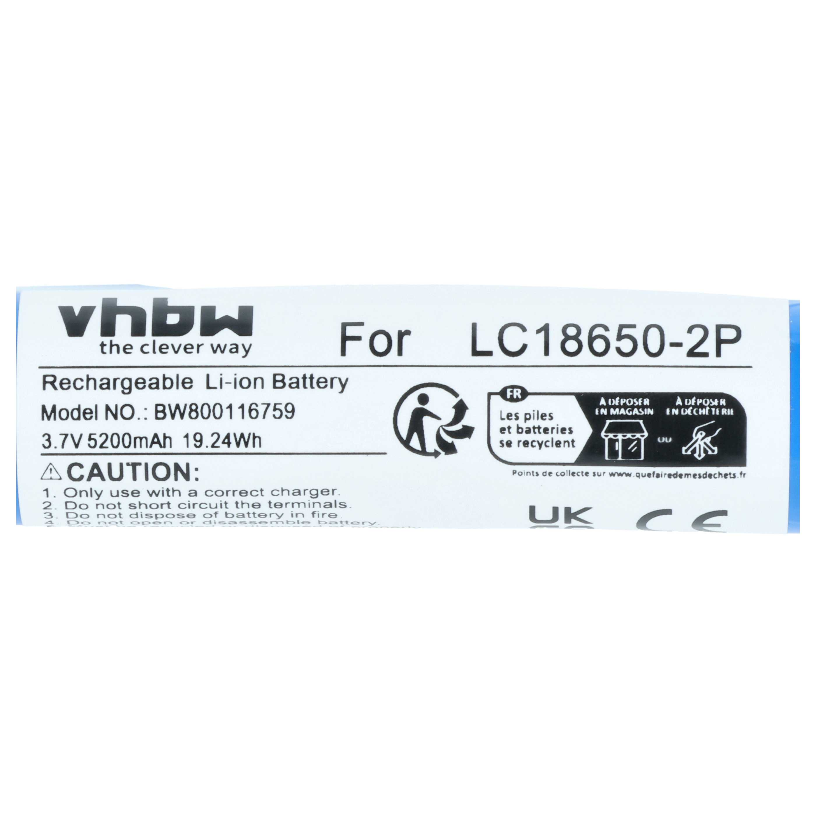 VHBW Li-Ion Akku, 3.7V 5200mAh, Modell LC18650-2P, mit Warnhinweisen.