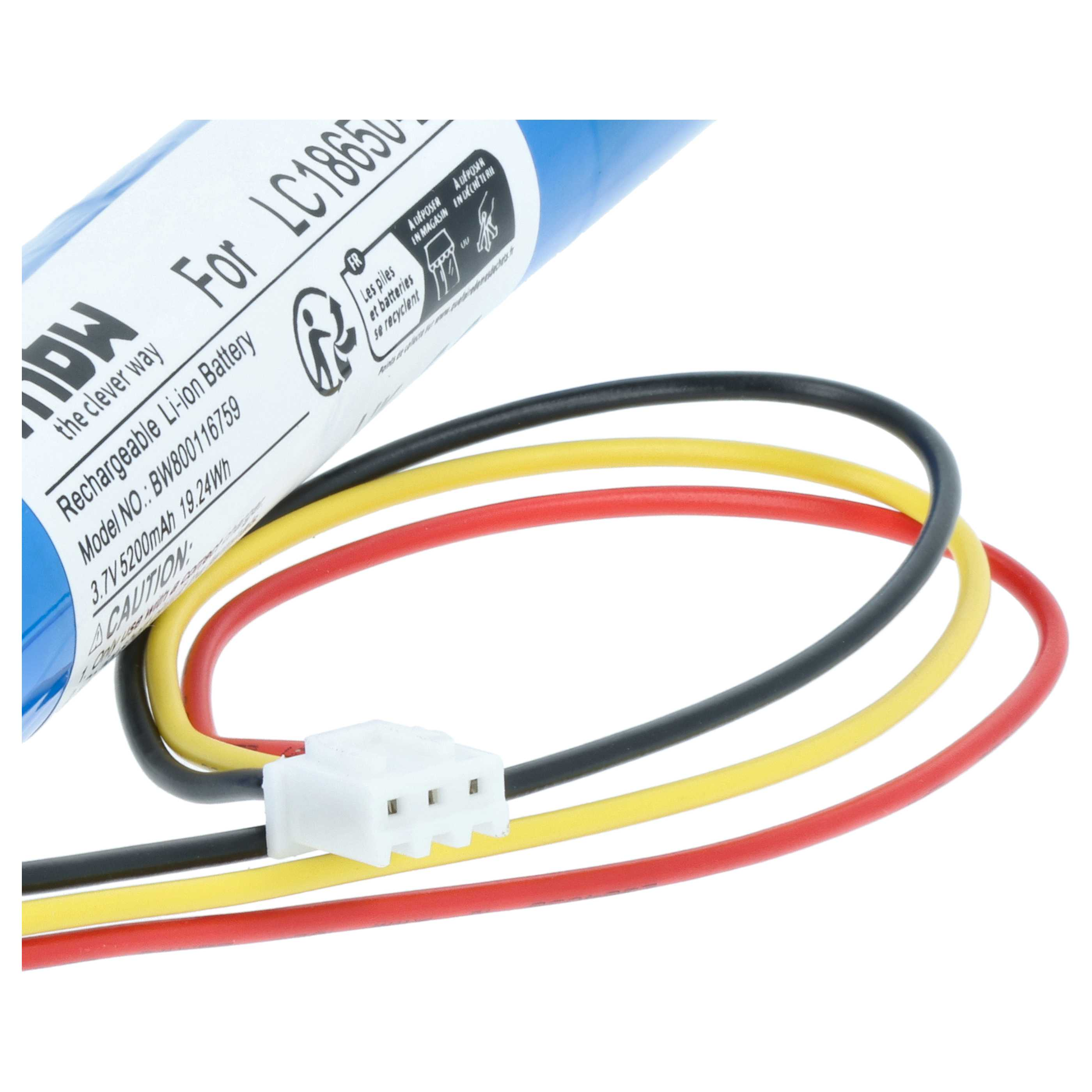 Ein blaues Li-Ion Akku mit drei Kabeln (schwarz, gelb, rot) und einem weißen Stecker.