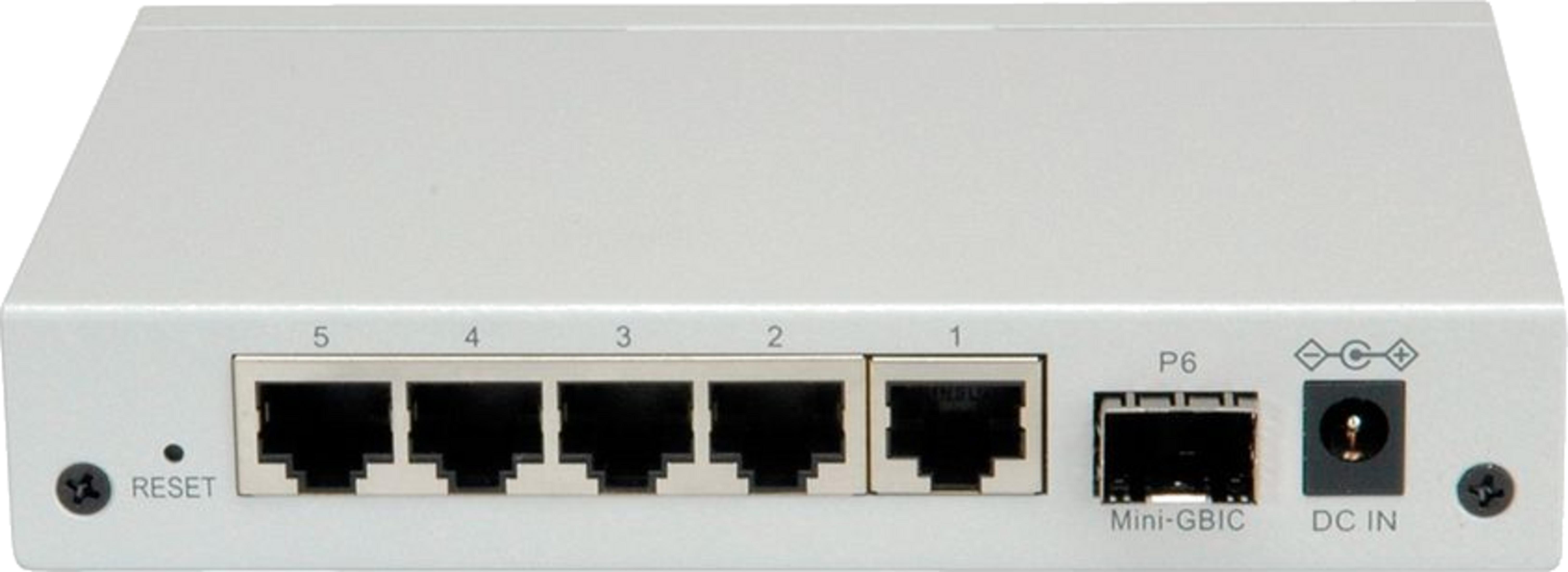Un appareil réseau argenté avec 5 ports Ethernet, un port Mini-GBIC et une entrée CC.