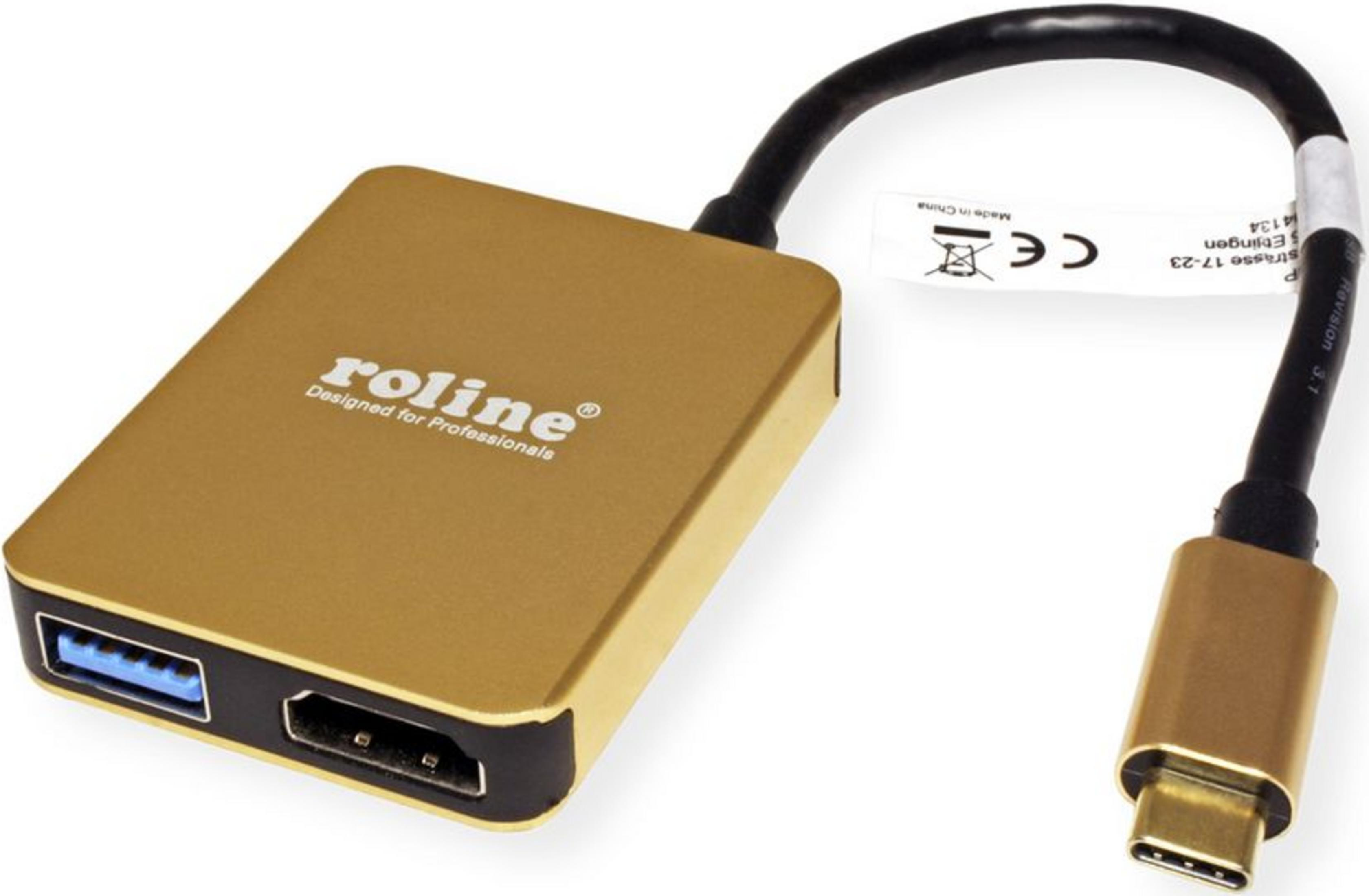 Adaptateur doré avec ports USB-A, HDMI et USB-C.