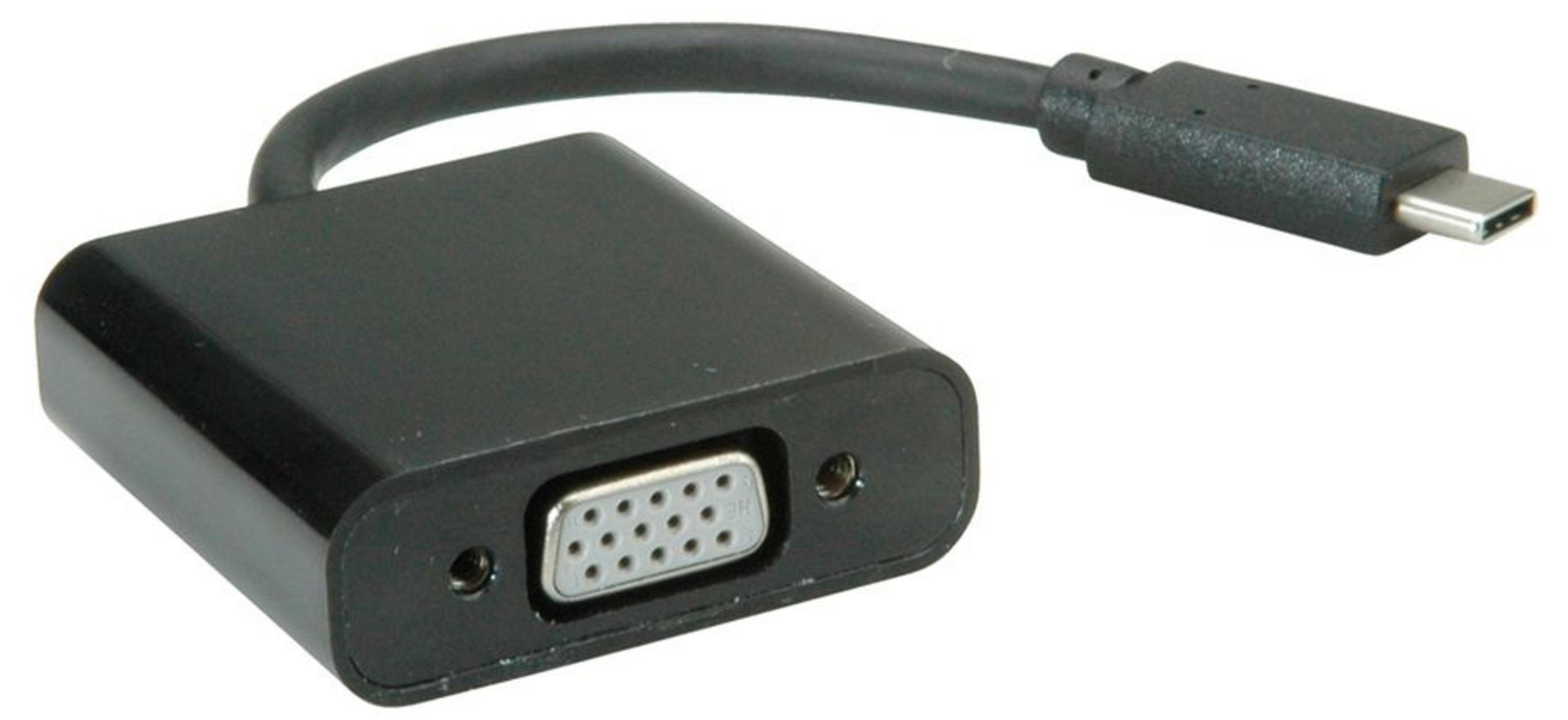 Ein schwarzer USB-C-zu-VGA-Adapter mit Kabel.