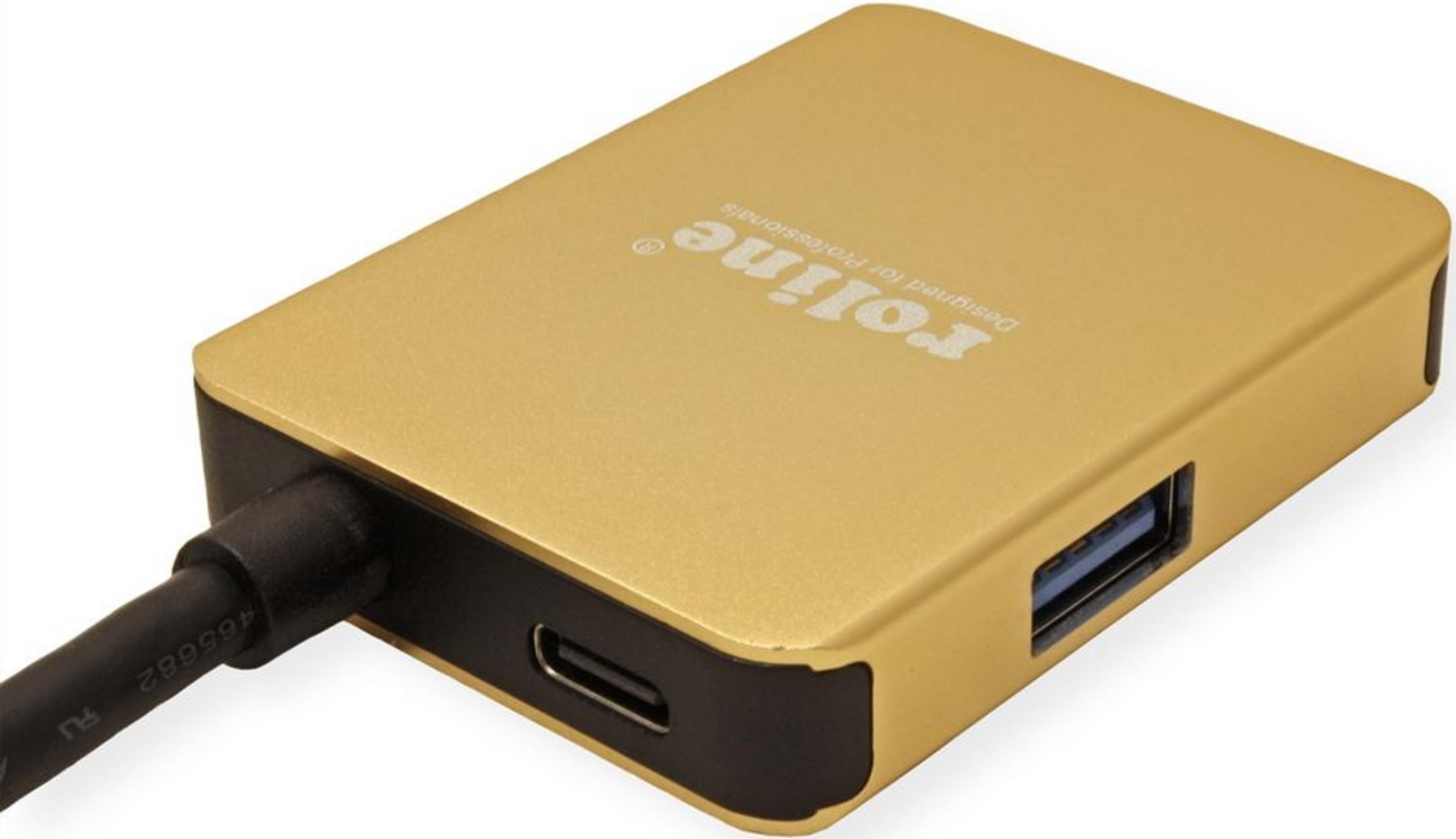 Hub USB-C doré avec un port USB-A et un port USB-C.