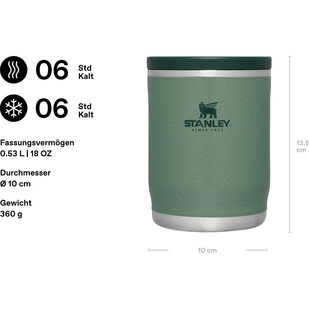 Gobelet Stanley vert avec specs : 6h chaud/froid, 0.53 L, 10 cm de diamètre.