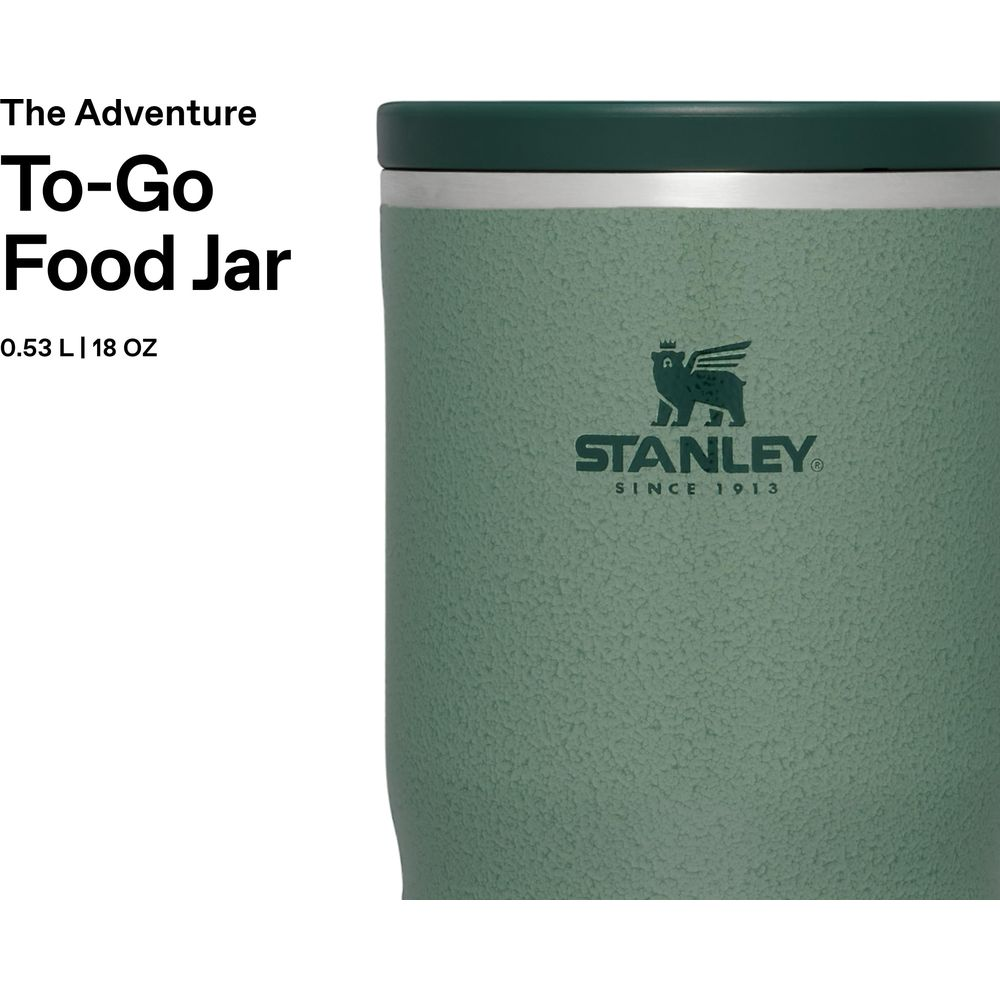 Bocal Stanley vert avec logo et texte.