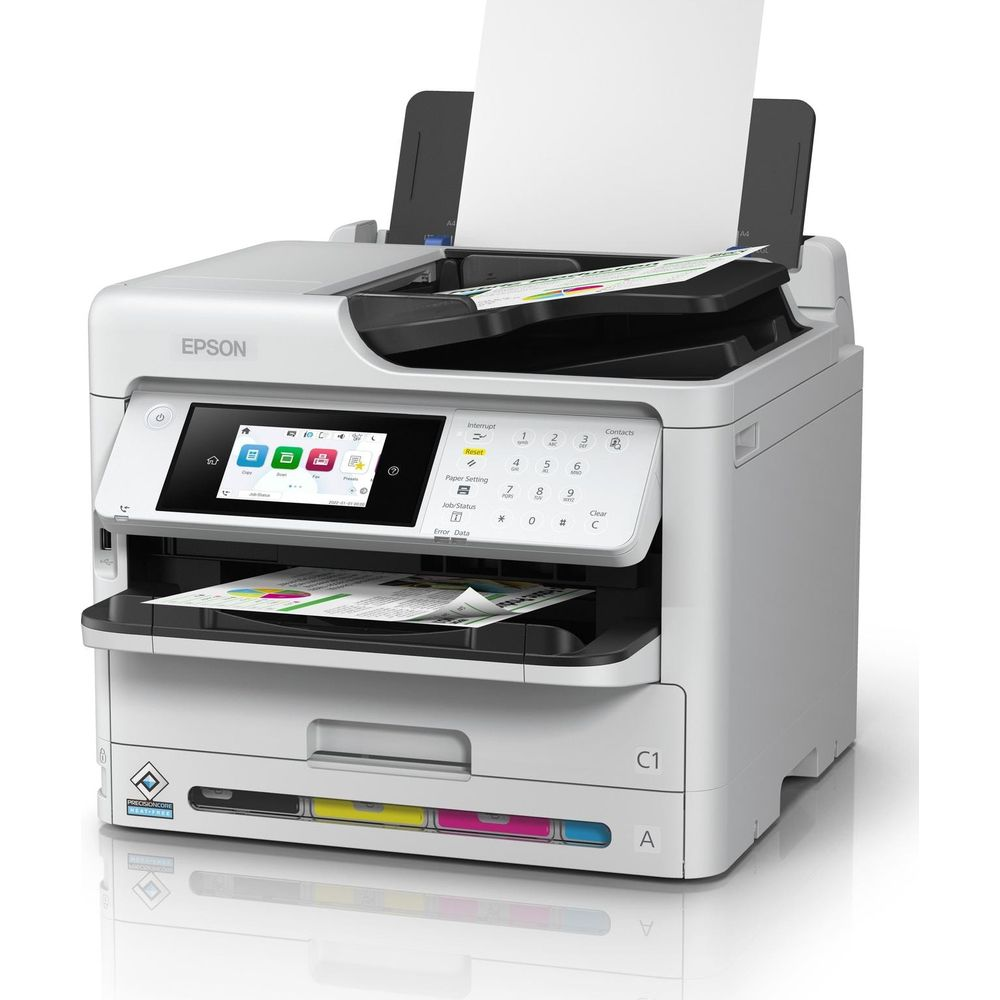 Biała drukarka Epson z ekranem dotykowym i podajnikiem papieru.