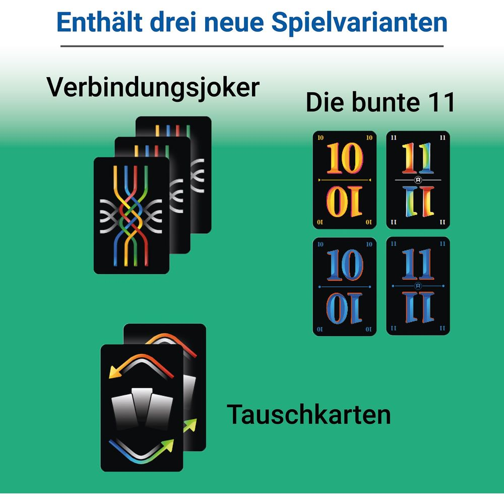 Karten für Spielvarianten: Verbindungsjoker, bunte 11 und Tauschkarten.