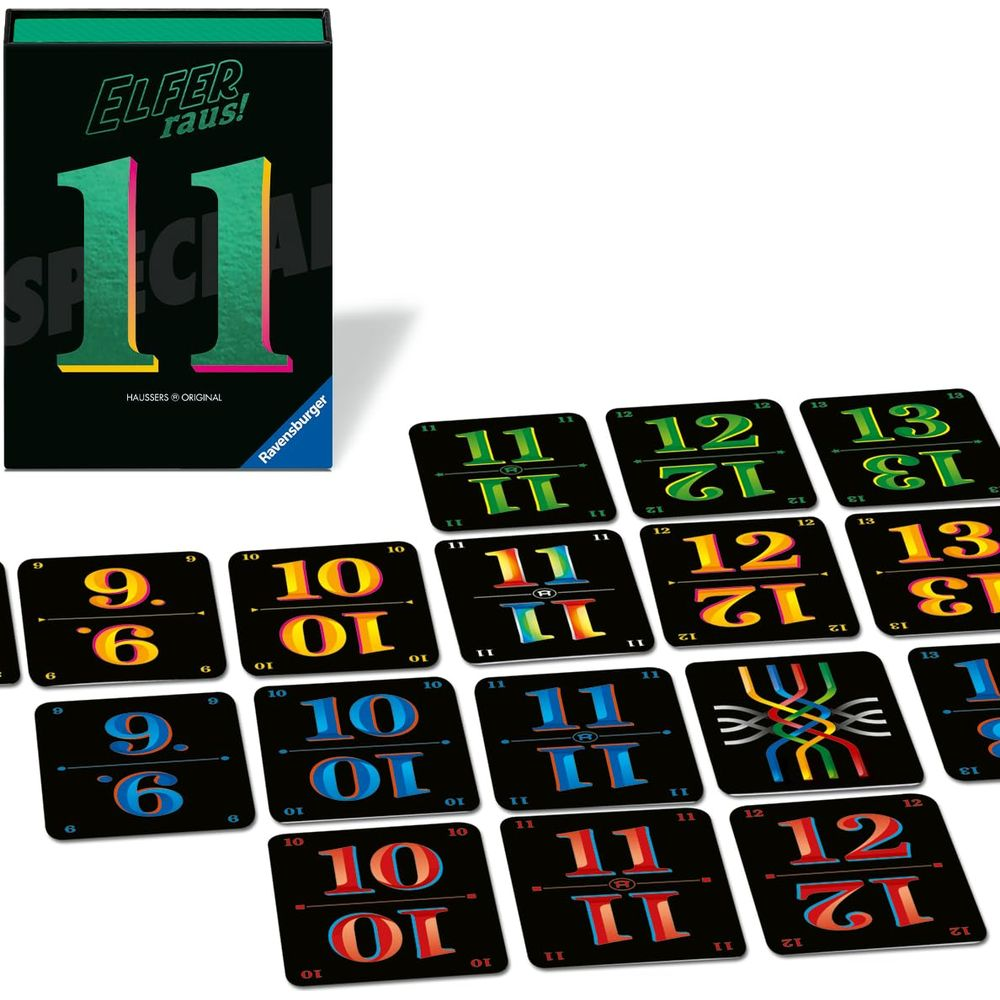Spielkarten mit Zahlen von 9 bis 13 und eine Spielschachtel.