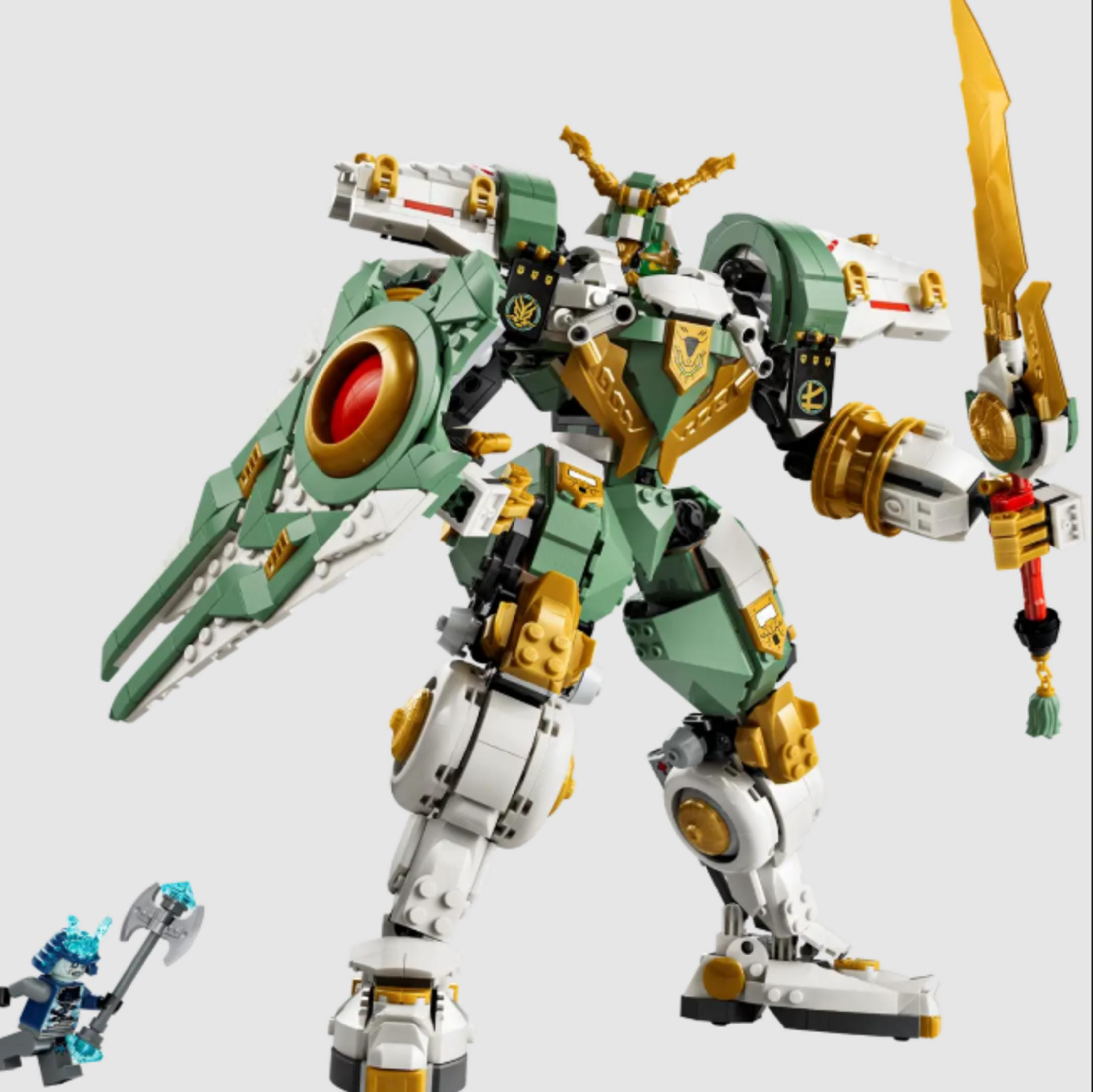 Zielony i biały mech Lego ze złotymi akcentami i mieczem.
