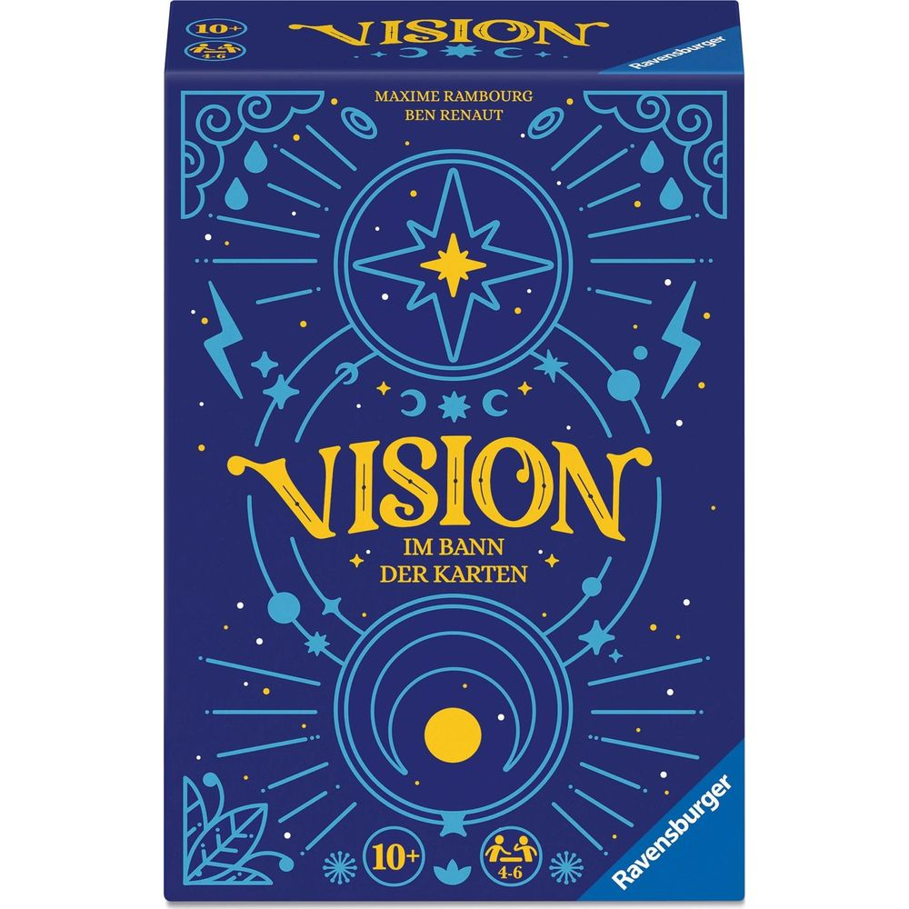 Kartenspiel-Verpackung mit blauem Hintergrund, gelbem Schriftzug VISION und Sternen.