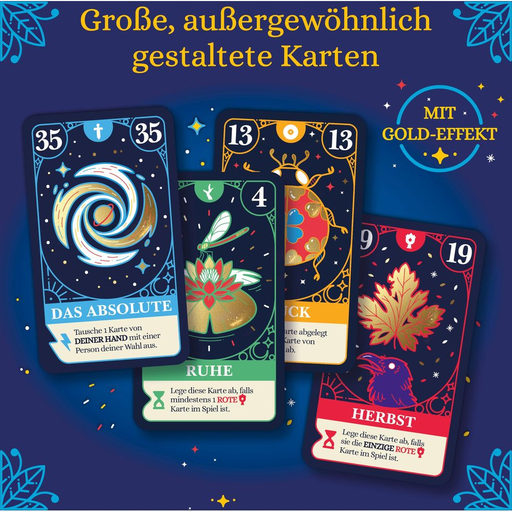 Spielkarten mit Gold-Effekt: Spiral, Libelle, Marienkäfer, Blatt.