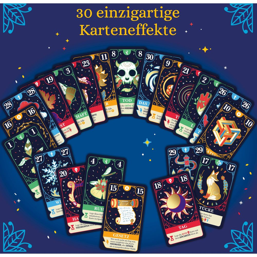 Ein Spiel mit 30 einzigartigen Karteneffekten, mit verschiedenen Symbolen und Zahlen.