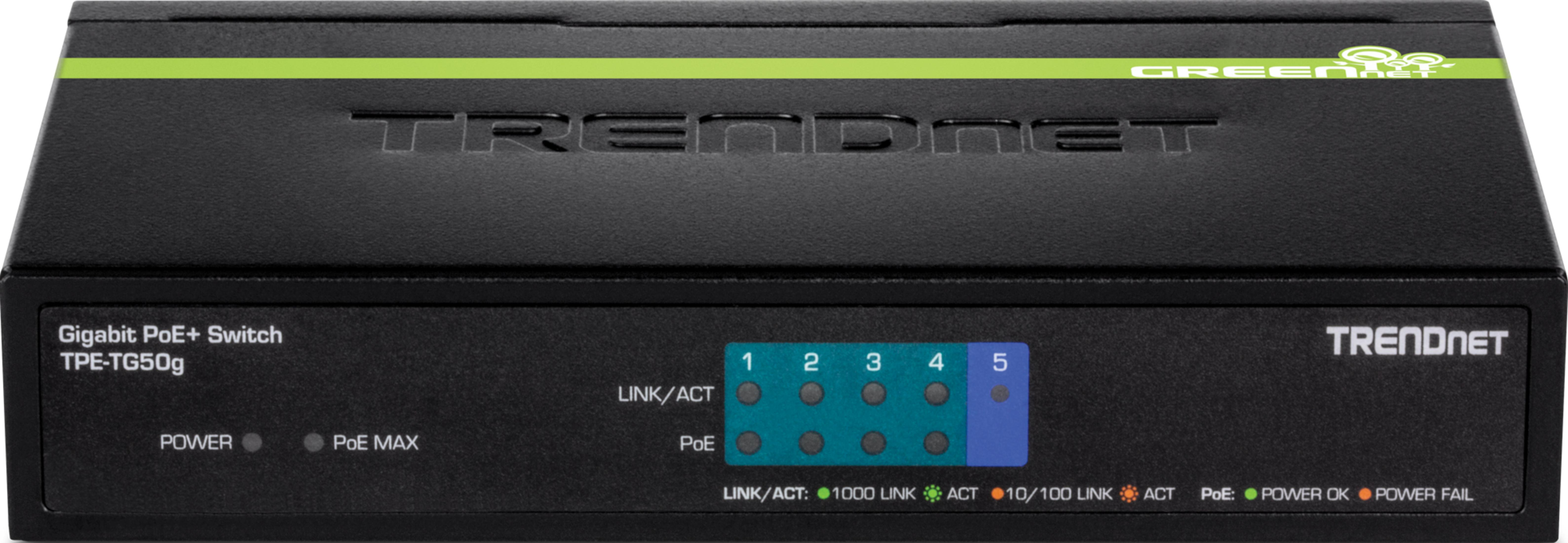 Ein schwarzer Gigabit PoE+ Switch von TRENDnet mit grünen Akzenten und Status-LEDs.