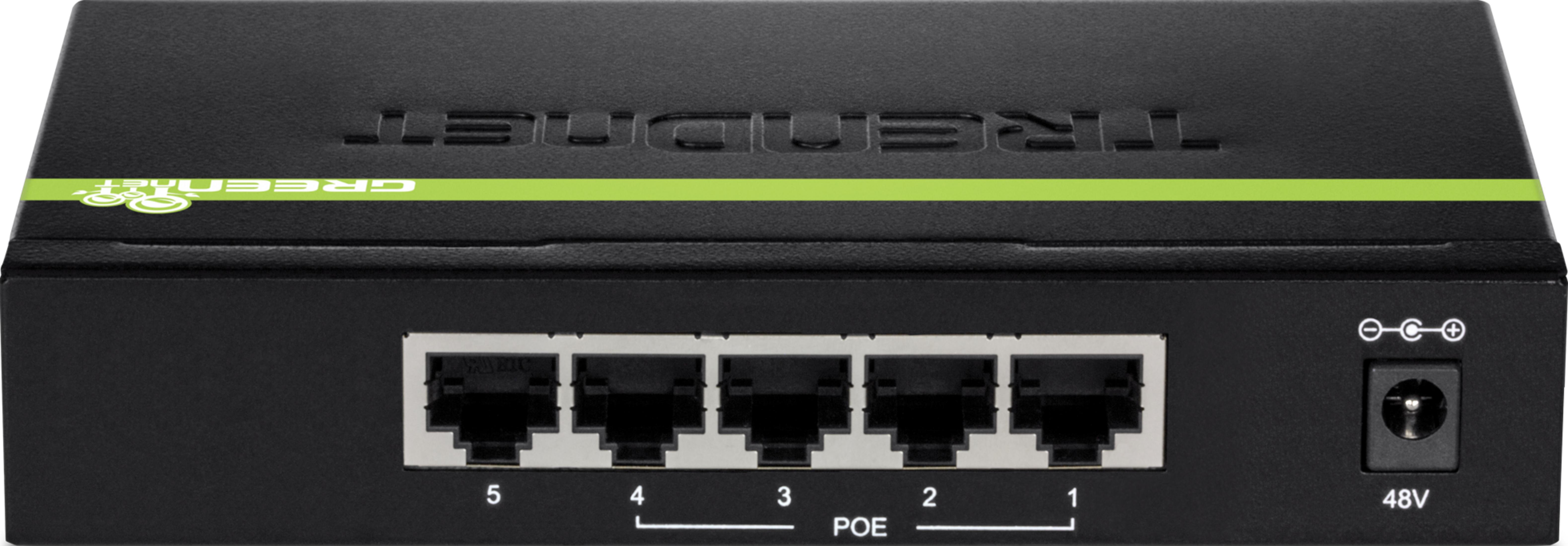 Schwarzer Netzwerk-Switch mit fünf Anschlüssen und grünem Streifen.