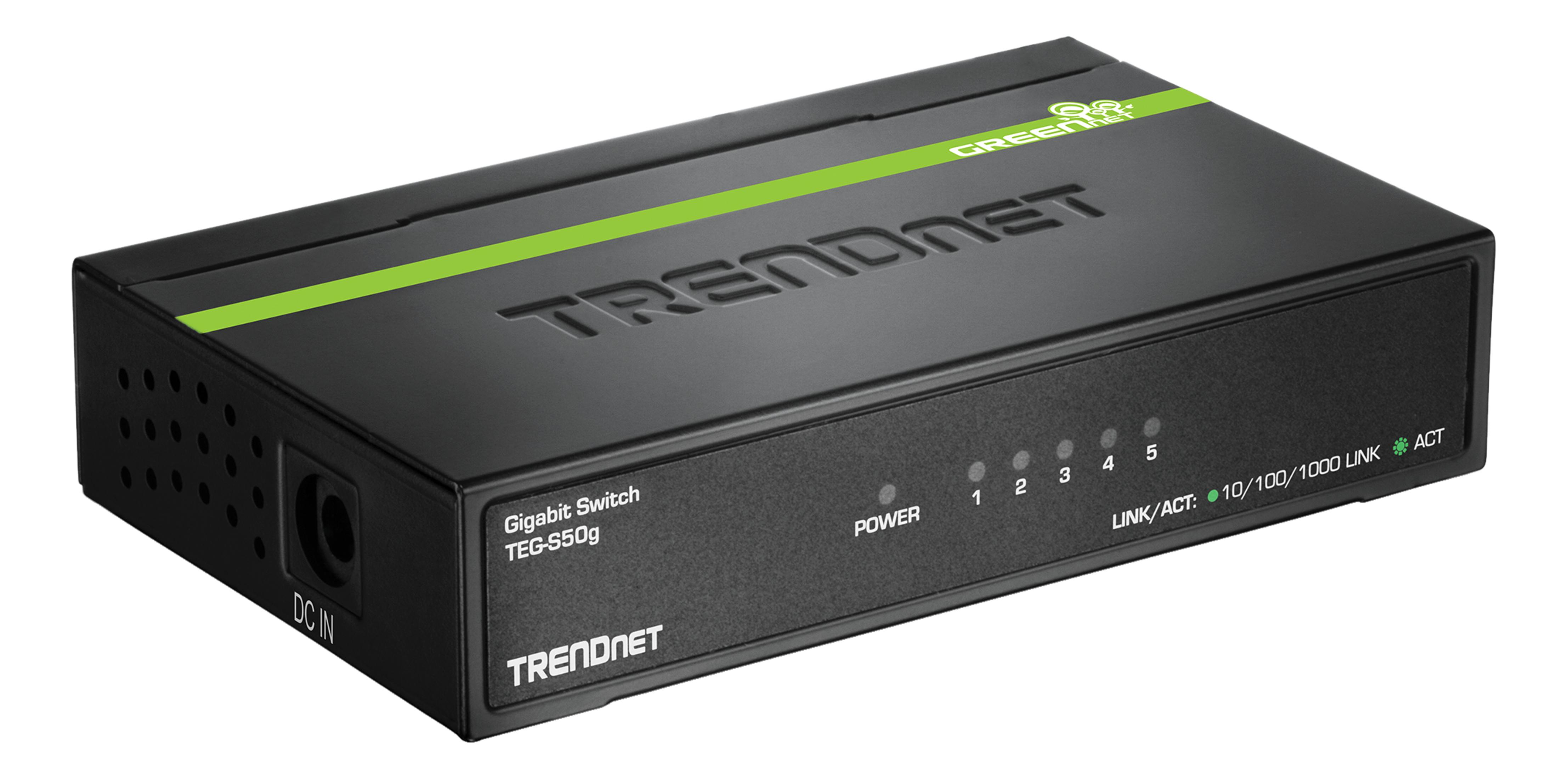 Schwarzer Gigabit-Switch TEG-S50g von TRENDnet mit grüner Linie.