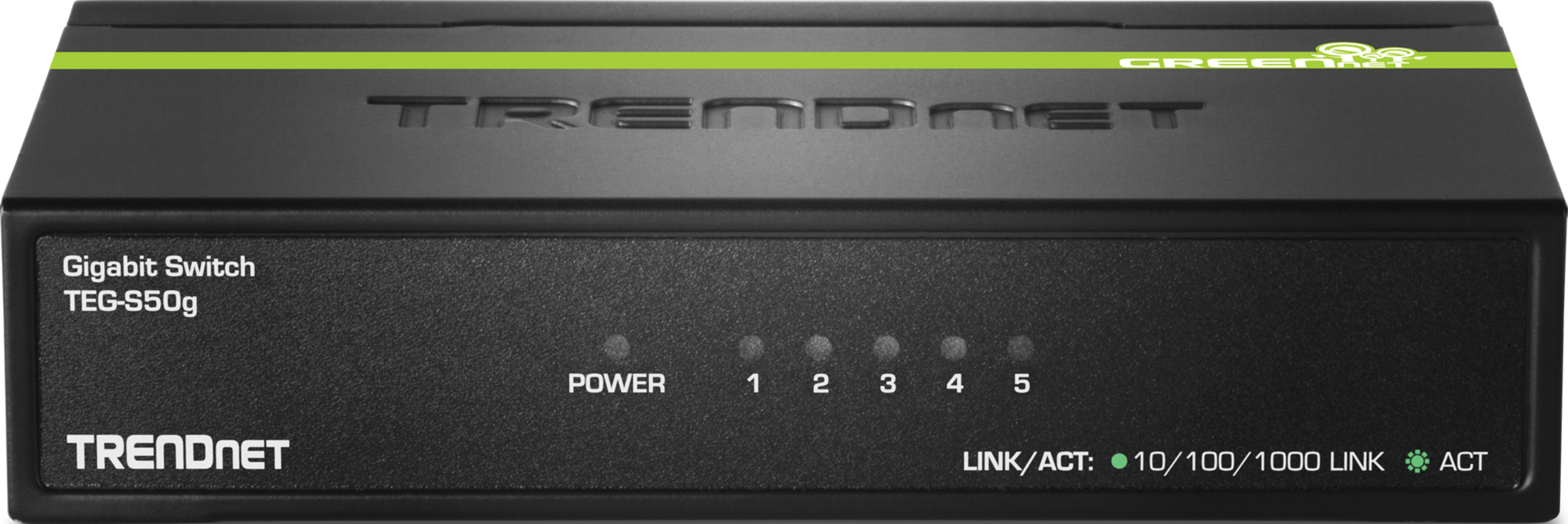Ein schwarzer Gigabit-Switch TEG-S50g mit grüner Linie und LEDs.