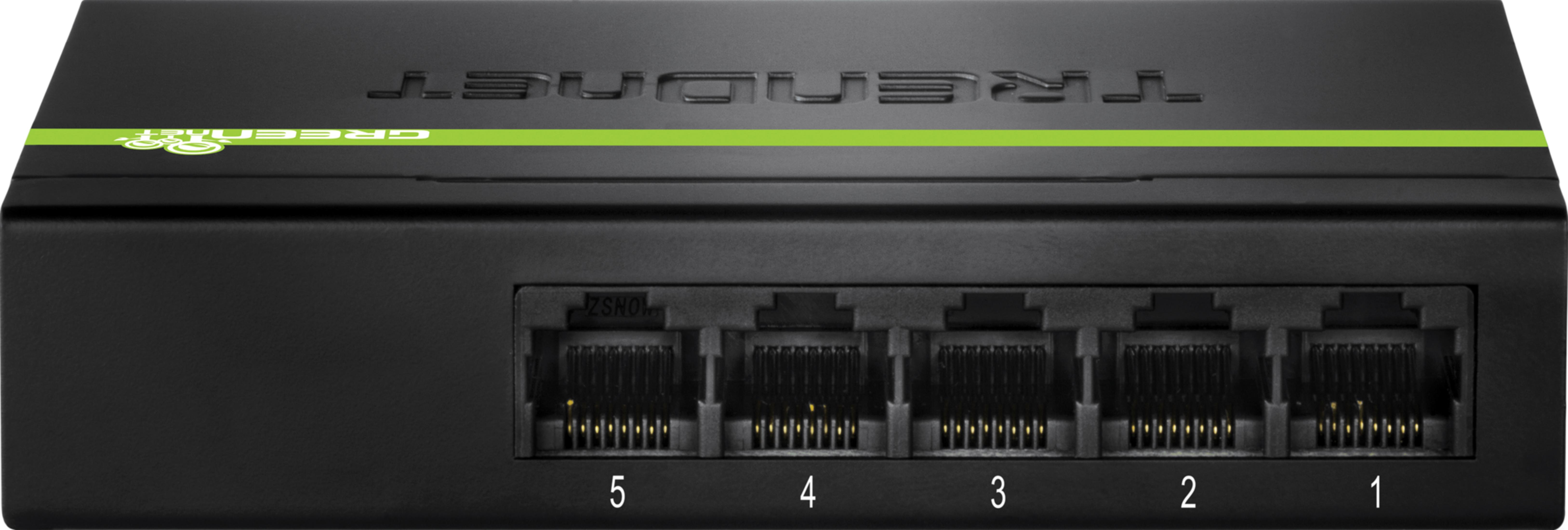 Ein schwarzer Netzwerk-Switch mit fünf Ethernet-Anschlüssen und grünem Streifen.