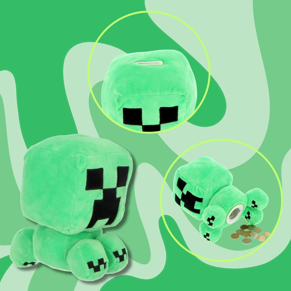 Peluche Creeper verde Minecraft con monete. La parte superiore ha una fessura.