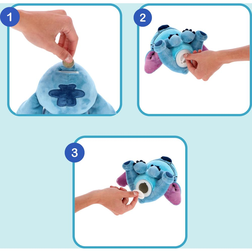 Una mano inserisce una moneta in un salvadanaio blu di Stitch. Altre immagini mostrano come aprirlo.