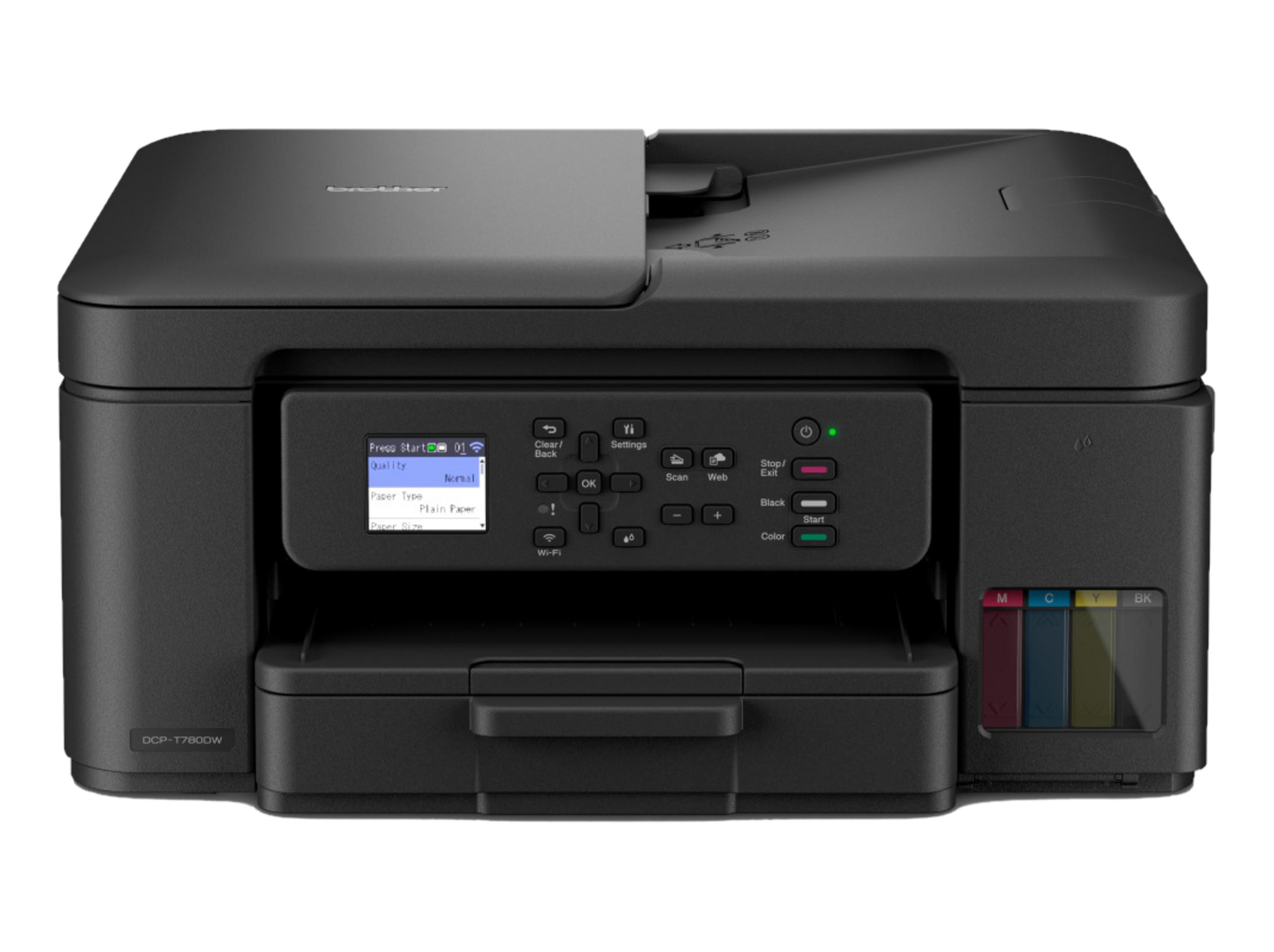 Czarna drukarka atramentowa Brother DCP-T7800W na białym tle.