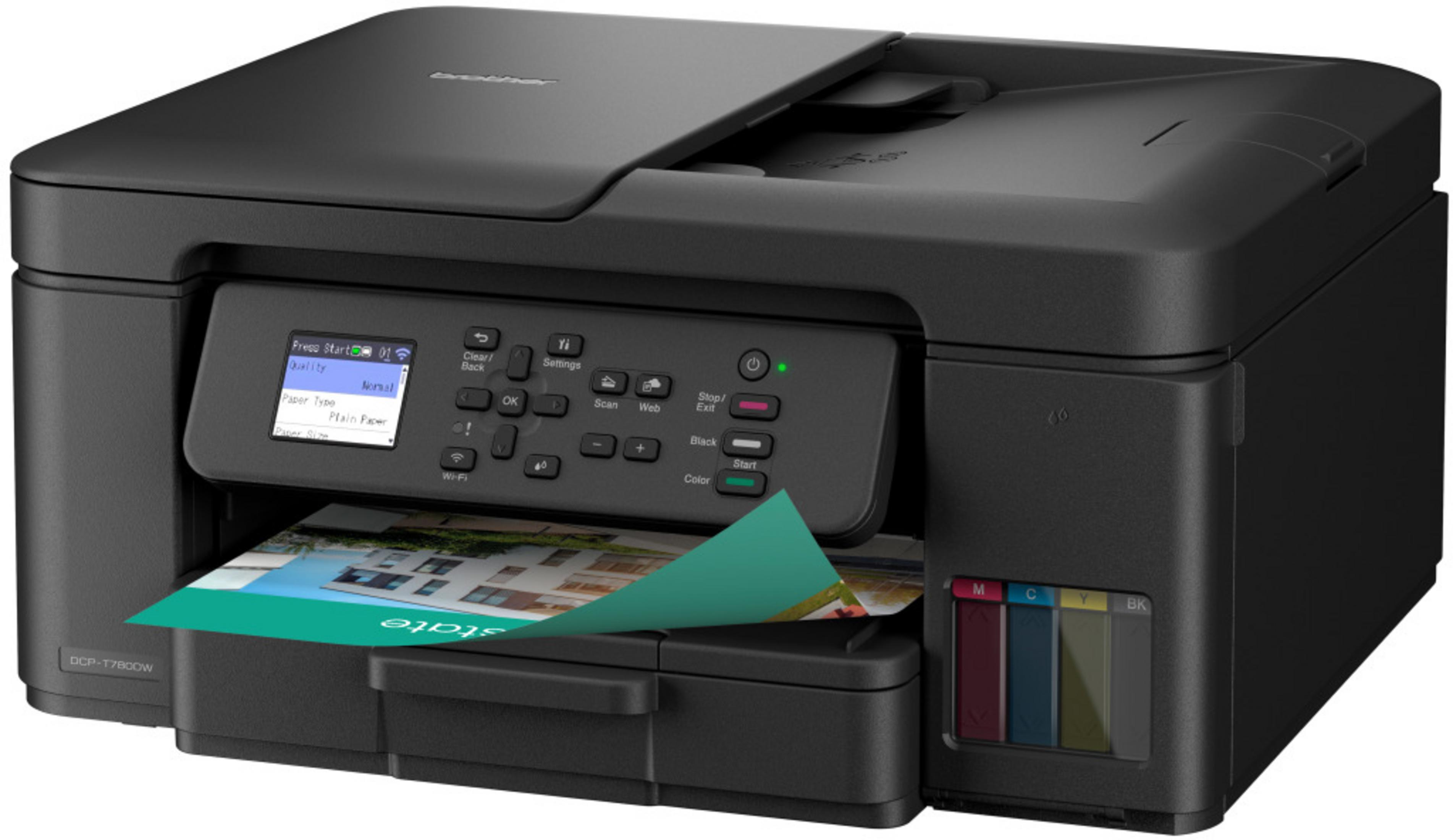 Czarna drukarka wielofunkcyjna z panelem sterowania i wychodzącym papierem z podajnika.