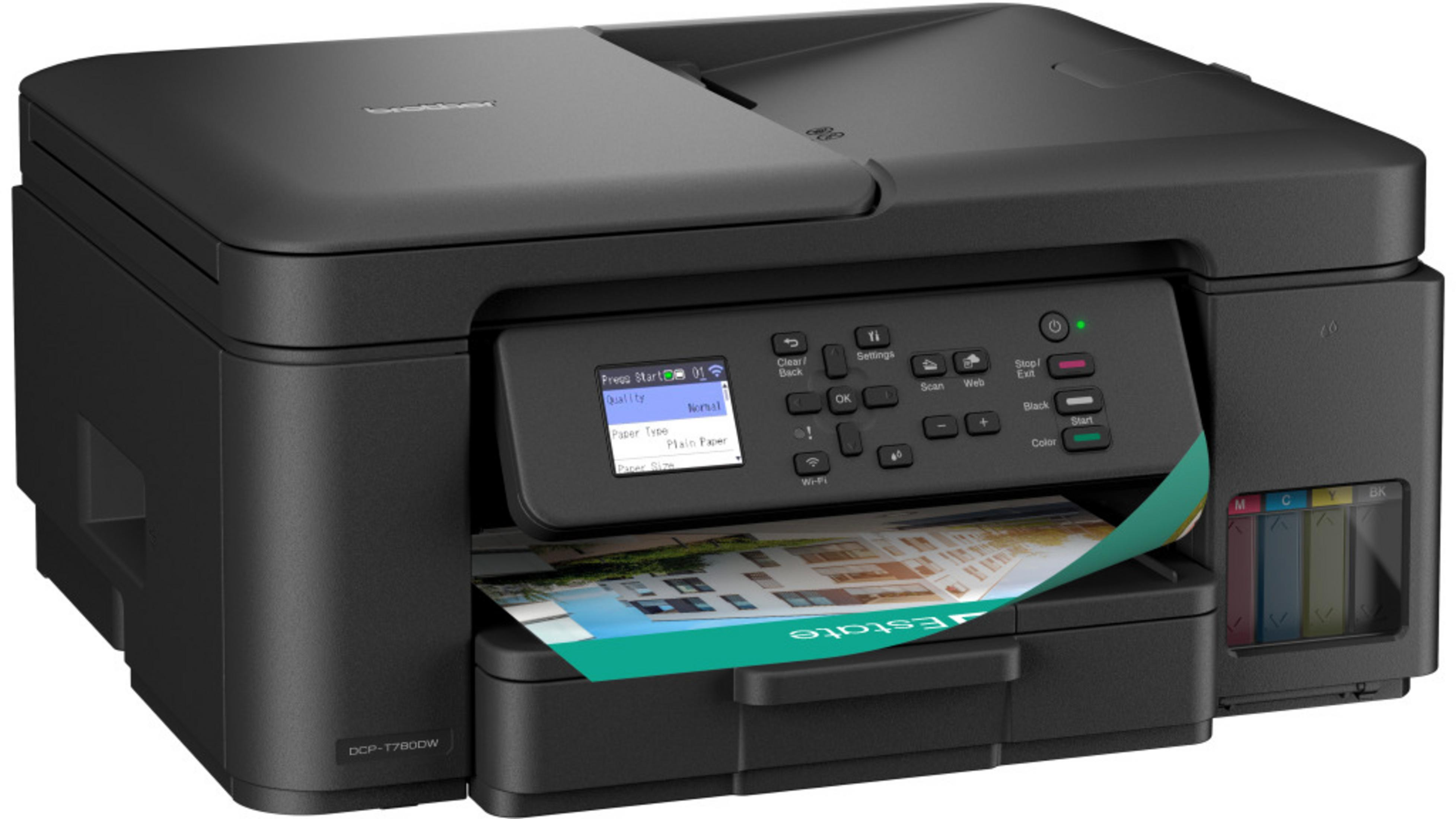 Czarna drukarka Brother z wydrukowanym obrazem na papierze, widoczne zbiorniki z tuszem.