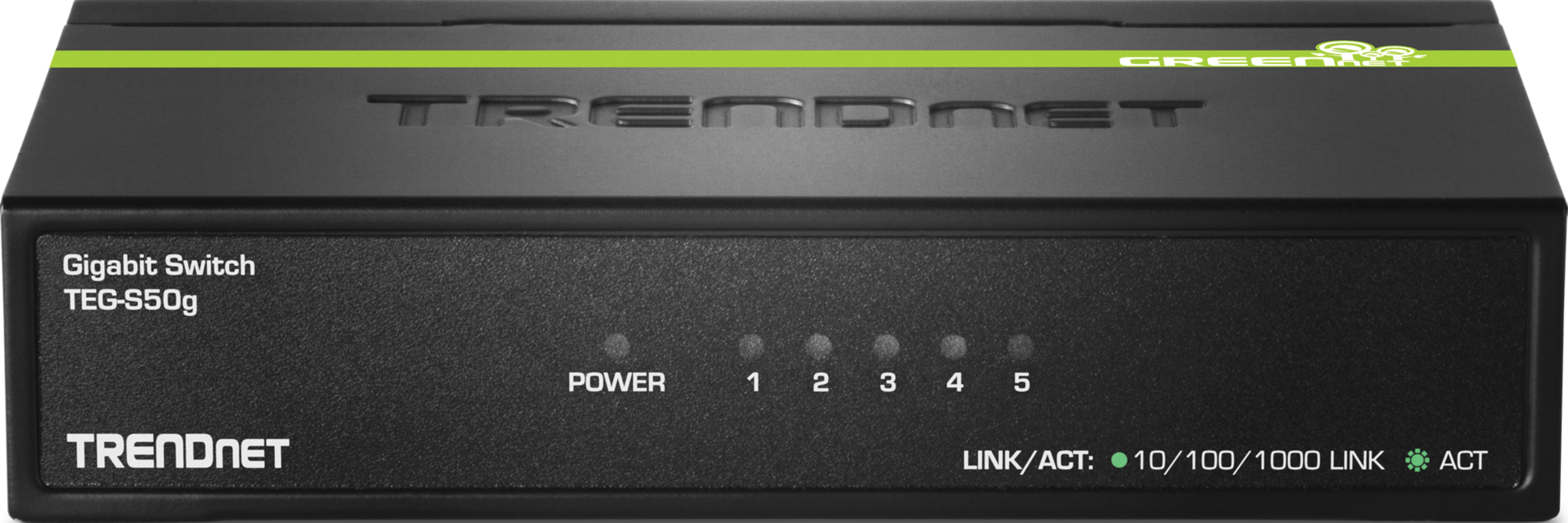 Schwarzer Gigabit-Switch TEG-S50g von TRENDnet mit fünf LED-Anzeigen.