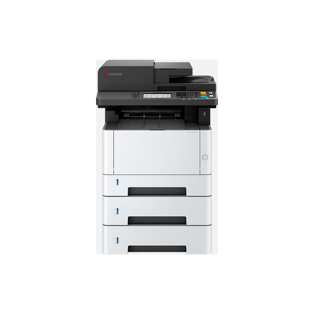 Drukarka wielofunkcyjna Kyocera z podajnikami papieru i skanerem.