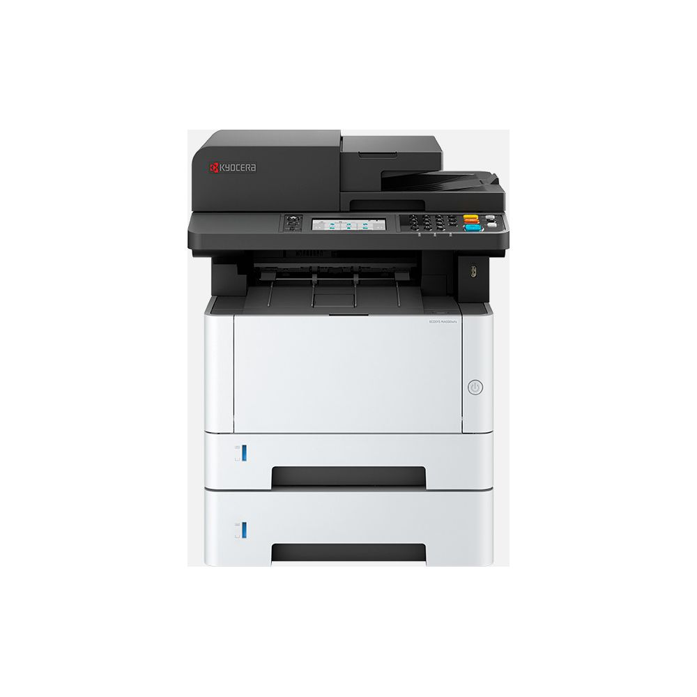 Czarno-biała drukarka Kyocera z panelem sterowania i podajnikami papieru.