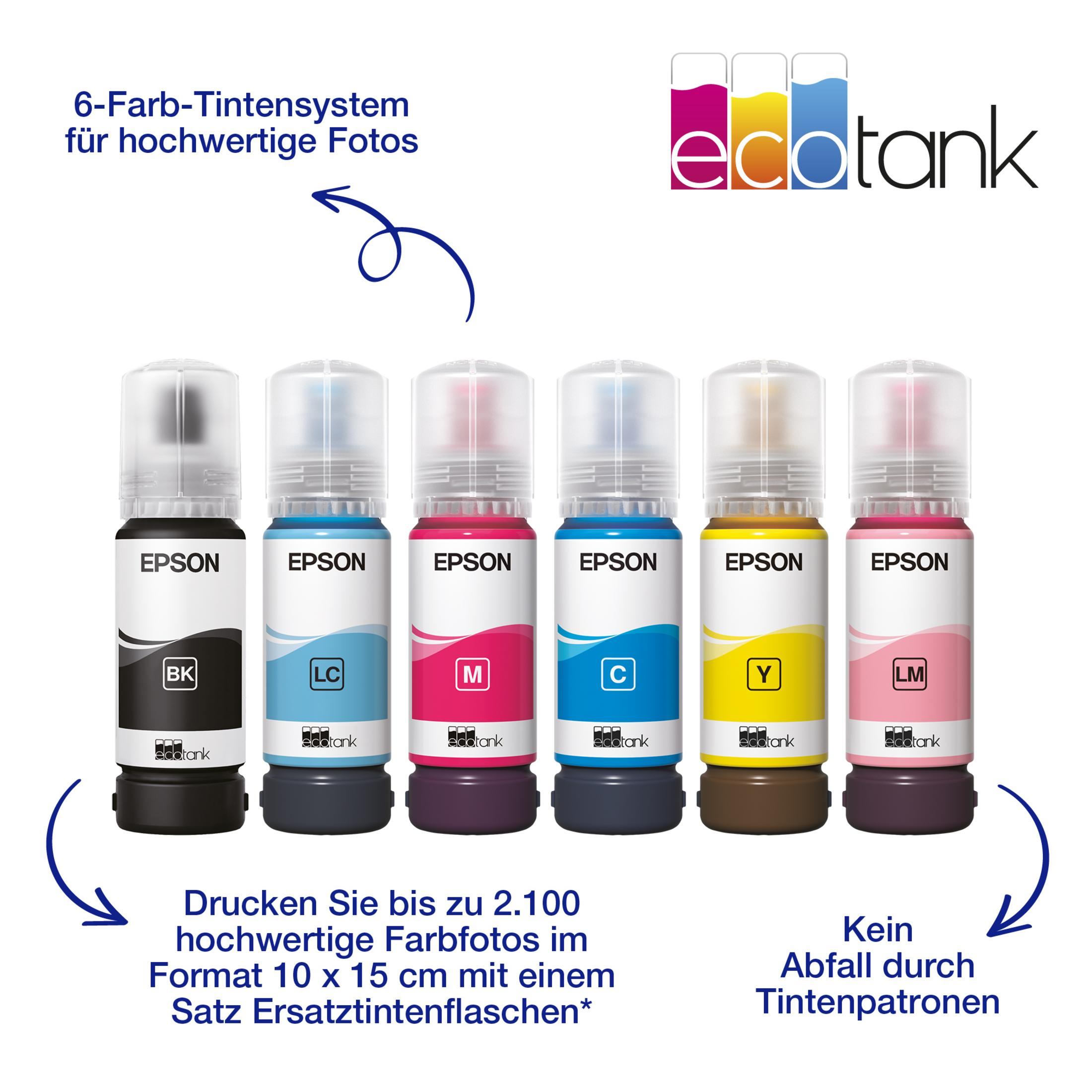 Sześć butelek z tuszem Epson EcoTank: czarny, jasny cyjan, magenta, cyjan, żółty, jasny magenta.