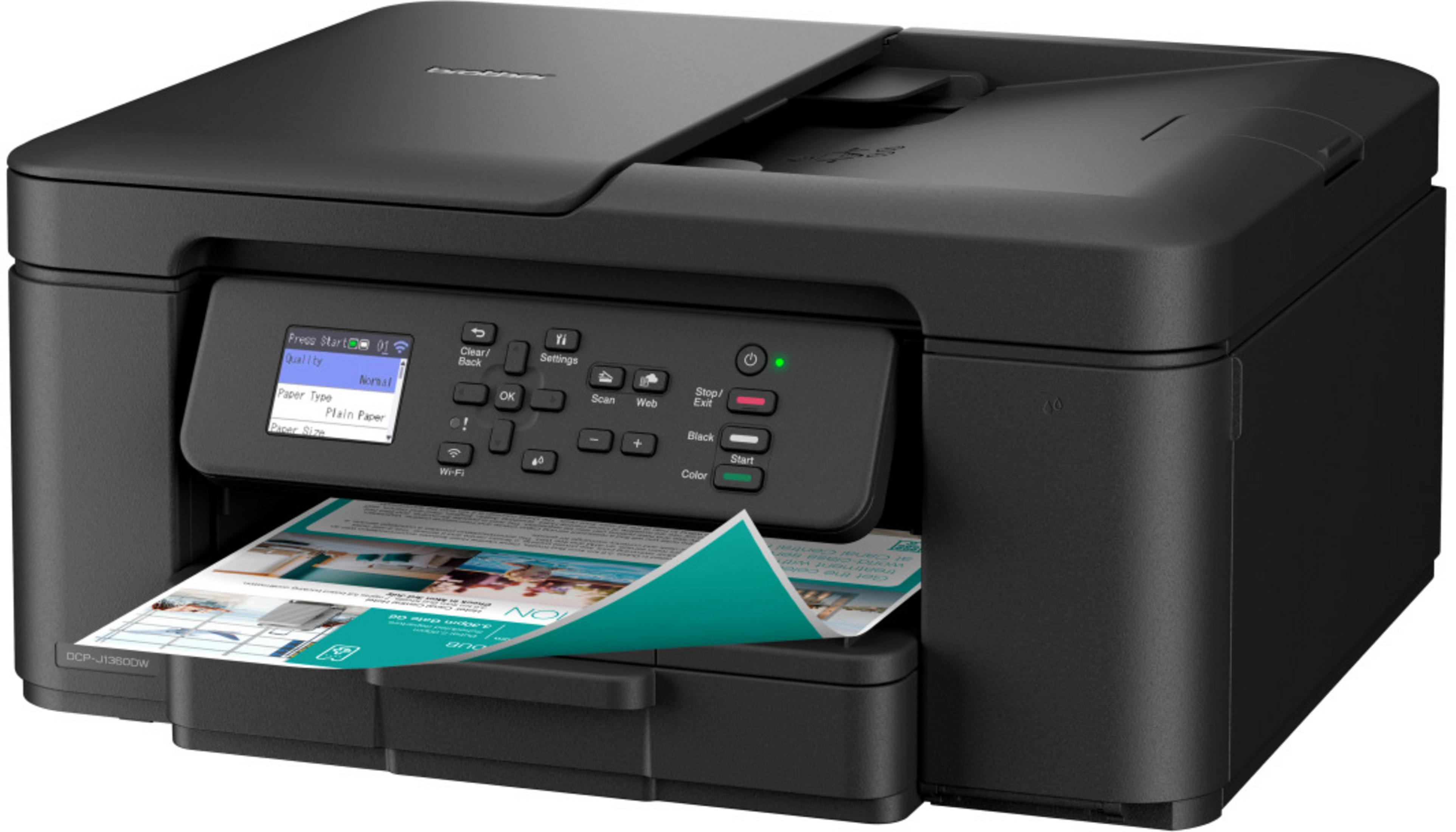 Czarna drukarka Brother z częściowo wysuniętym arkuszem papieru.