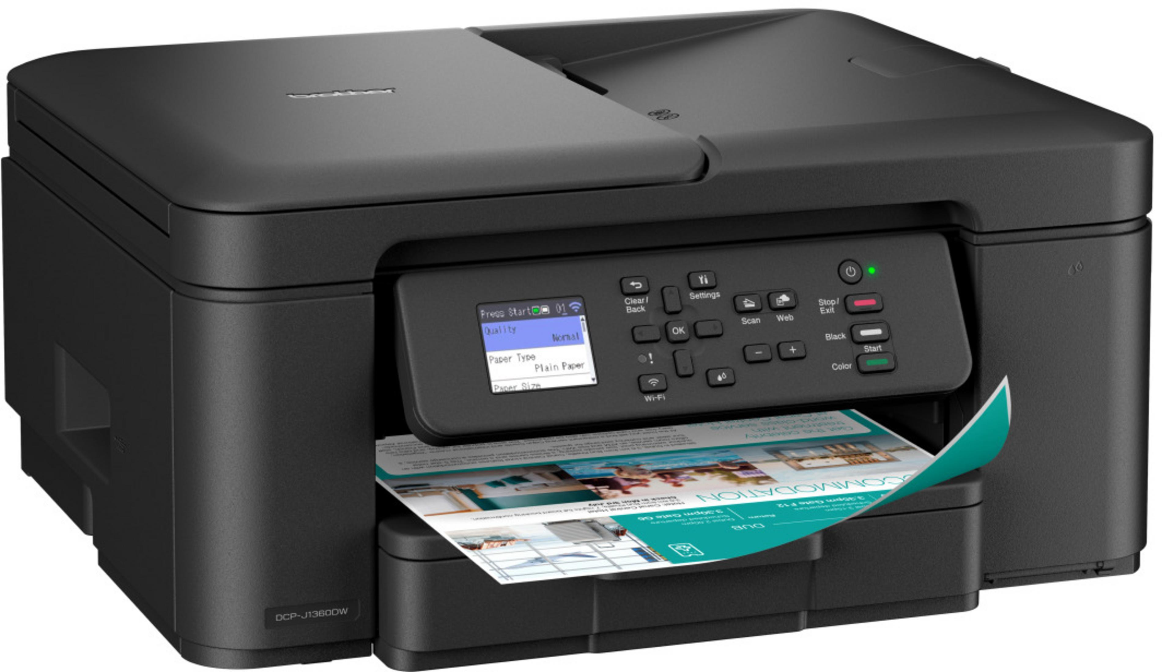 Czarna drukarka Brother z kartką papieru wystającą częściowo z podajnika wyjściowego.