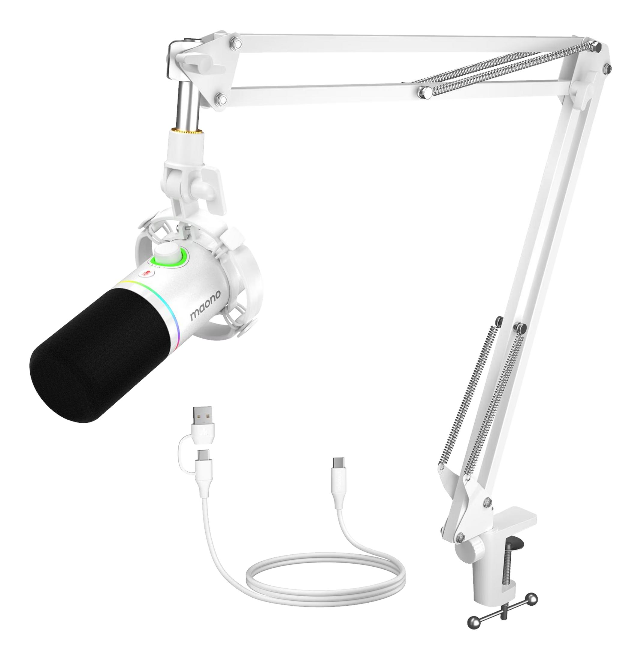 Microphone blanc avec bonnette noire et bras articulé blanc, câble USB.