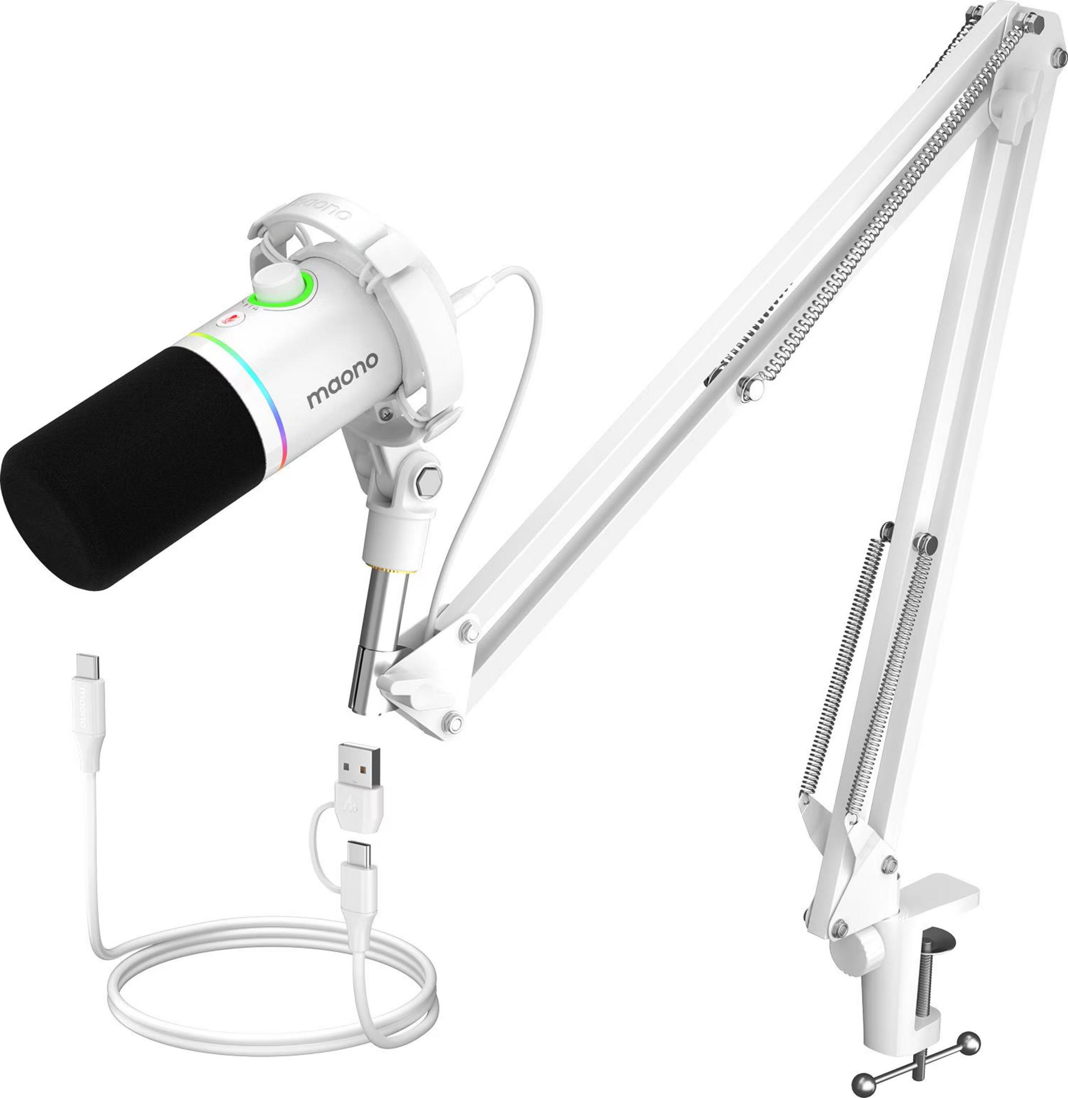 Un microphone blanc avec une bonnette noire et un bras de micro.
