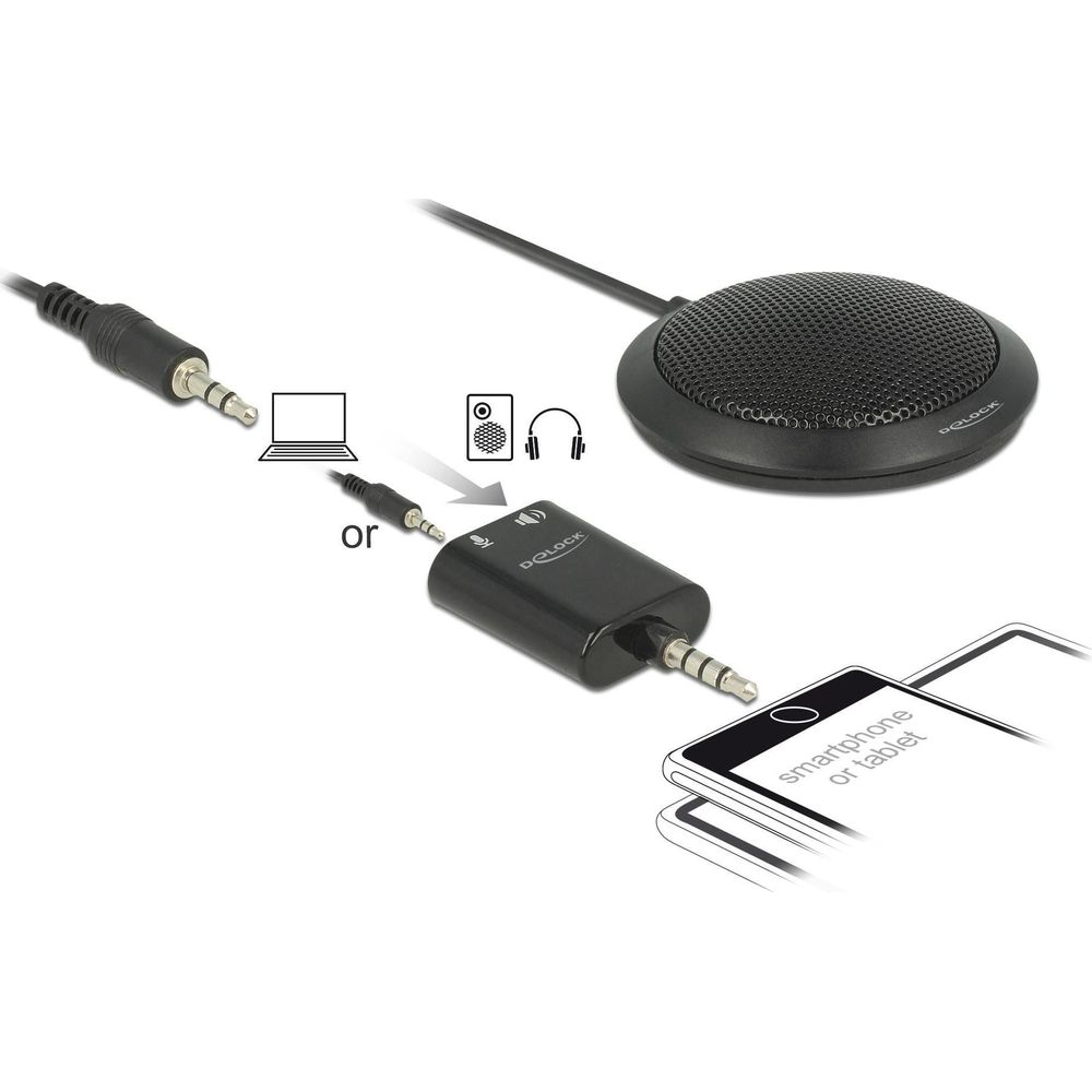Adattatore microfono nero con cavi collegato a smartphone o tablet.