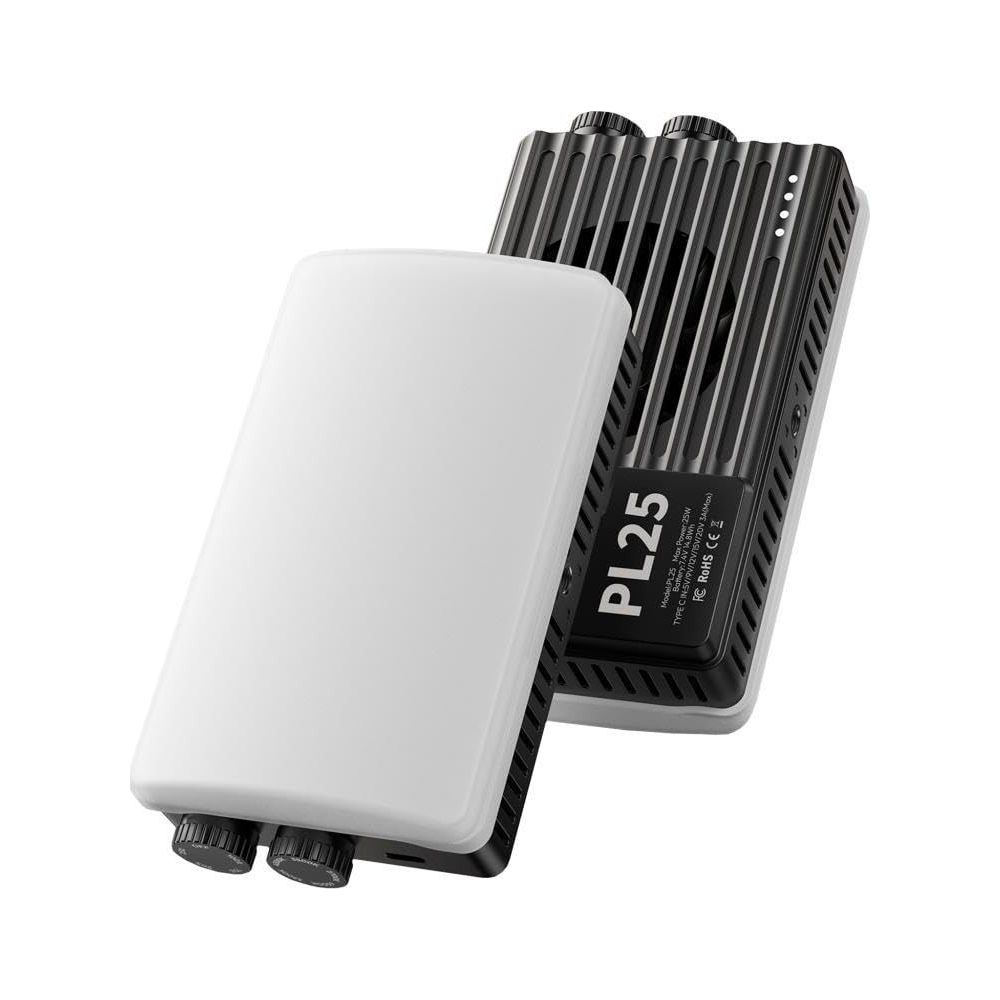 Biały panel LED spoczywa na czarnym, prążkowanym urządzeniu z napisem PL25.