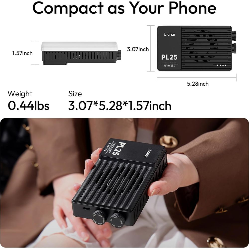 Czarny, kompaktowy Ulanzi PL25 trzymany w dłoni, pokazane wymiary.